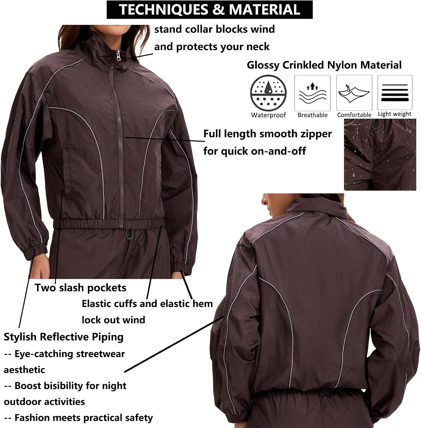 Women Zip Up Cropped Athletic Jackets,Reflective Piping Track Jackets,Lightweight Workout Sporty Short Windbreaker