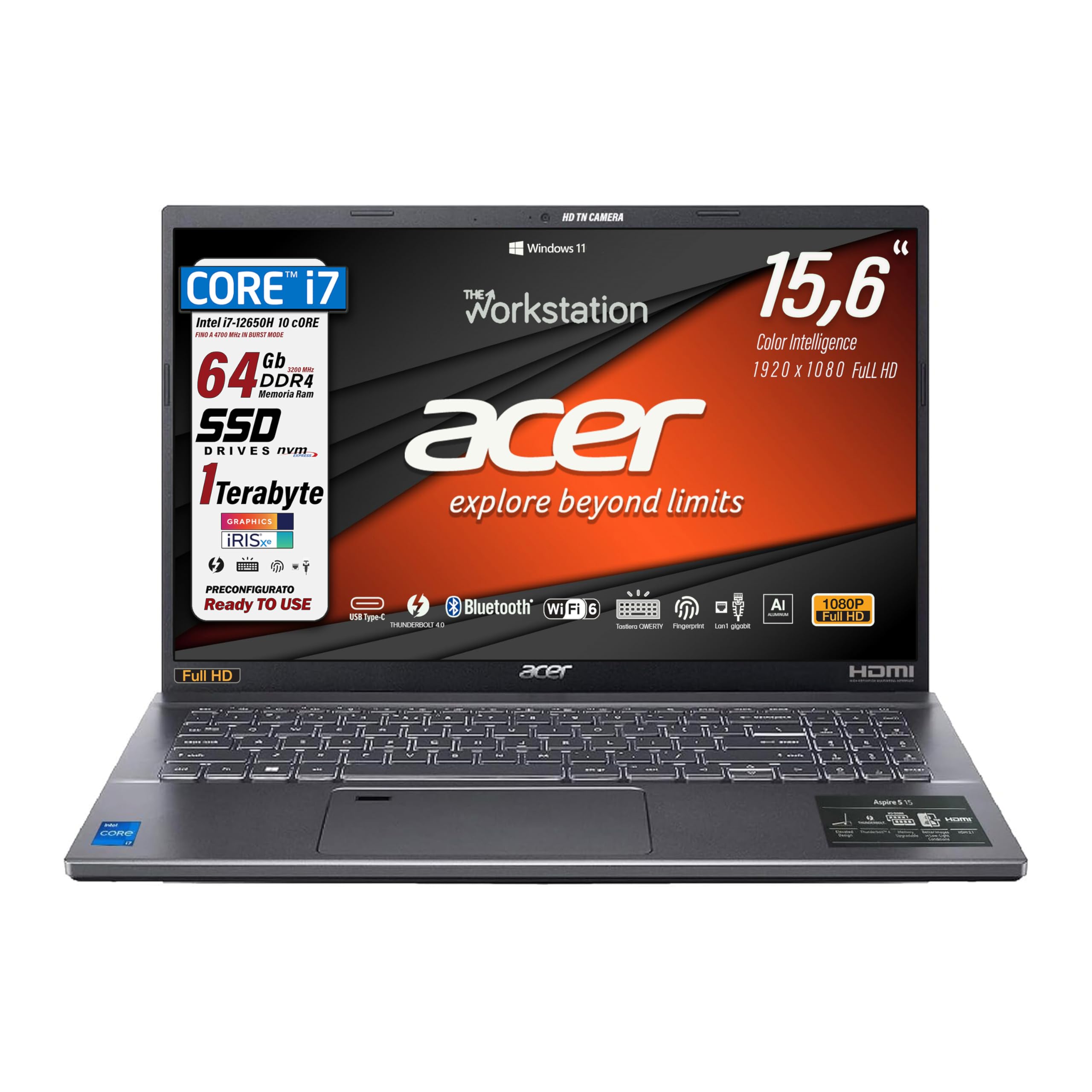 Acer Notebook, Intel Core i7 12650H, RAM 64 Gb, SSD PCIe NVMe 1Tb, 15.6" FullHD, Tastiera Retroilluminata, Fingerprint, Wi-Fi 6, LAN, HDMI, Win 11 - Pronto all'Uso
