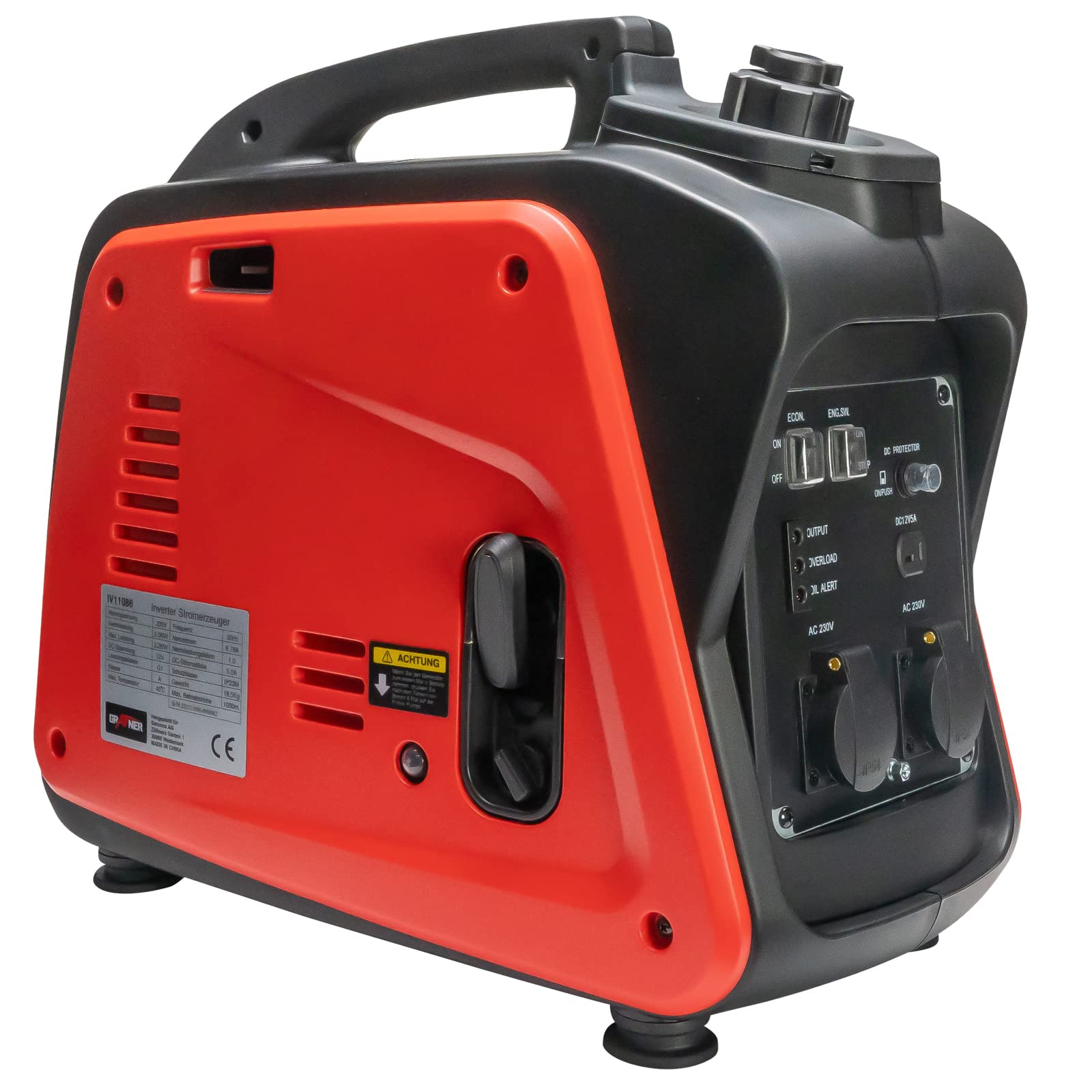 Grafner Inverter Stromerzeuger 2200 W (2 KW Dauerleistung), Benzinbetrieb 4 Takt, 2x 230V, Invertertechnologie für empfindliche Geräte, leicht robust, digitaler Benzin Generator Notstrom Aggregat