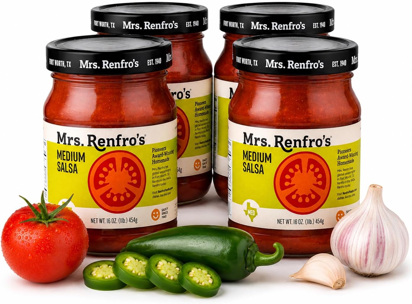 Medium Salsa, 16 oz Jars (Pack of 4) – Gluten Free Medium Heat Tomato Salsa with Jalapeños, Onions & Peppers – Texas-Style Salsa for Tortilla Chips, Tacos, Nachos, Burritos & Tex-Mex Recipes