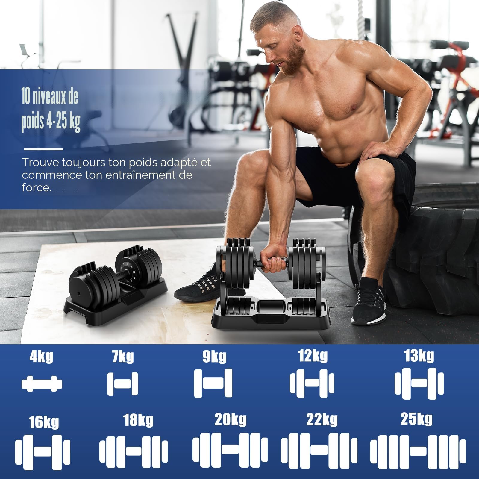 DH FitLife Haltères réglables, 12 kg/25 kg, 2,5 à 12 kg/4 à 25 kg, avec 10 niveaux de poids, poids variables 10 en 1