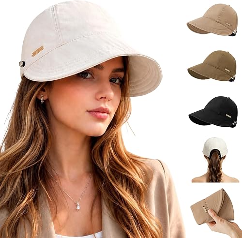 Women's Wide Brim Sun Visor Hat Quick Dry Foldable Ponytail Beige