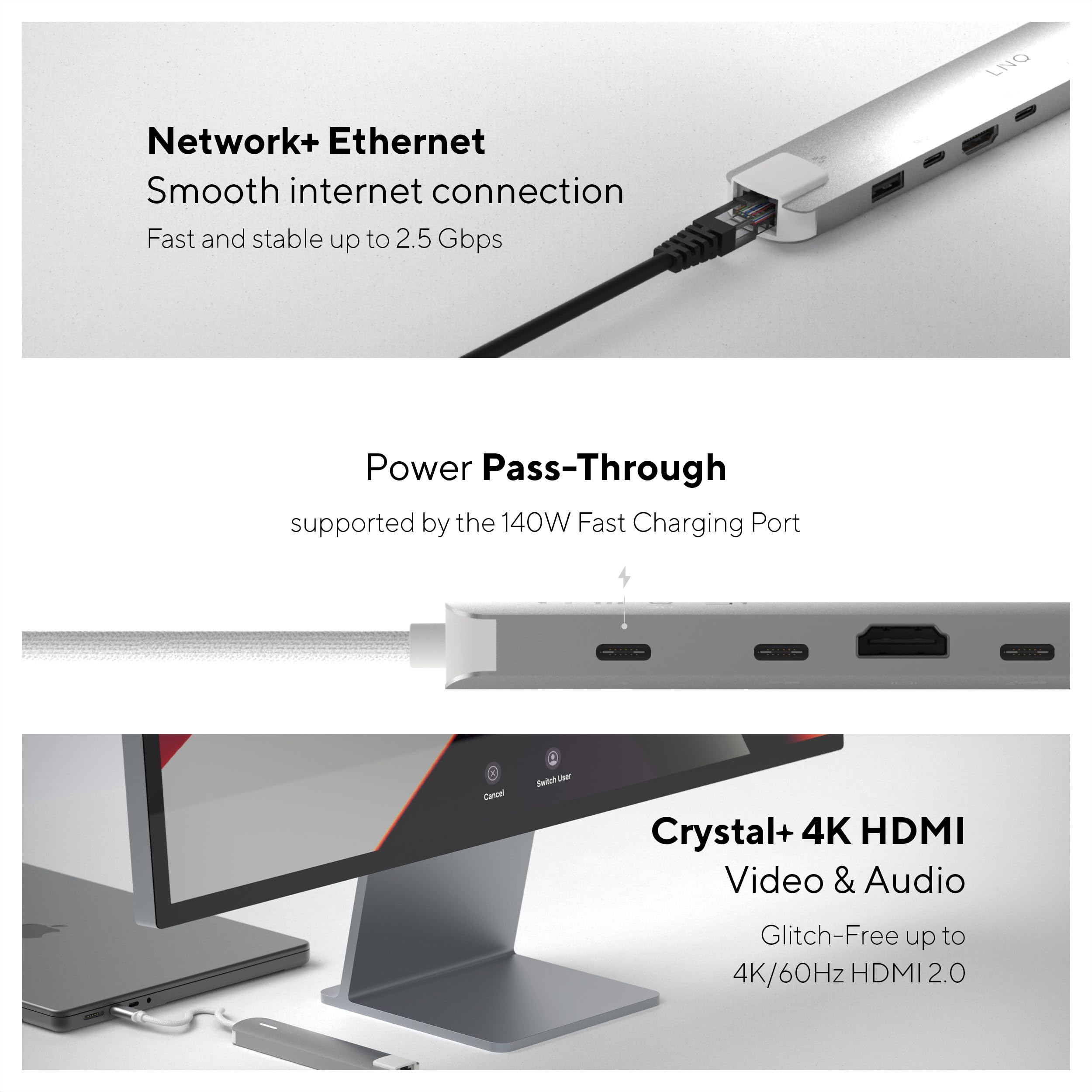 LINQ Connects Pro-C - Concentrador multipuerto 6 en 1 con HDMI 4K y Ethernet, 10 Gbps, Apto para portátiles y Tablets