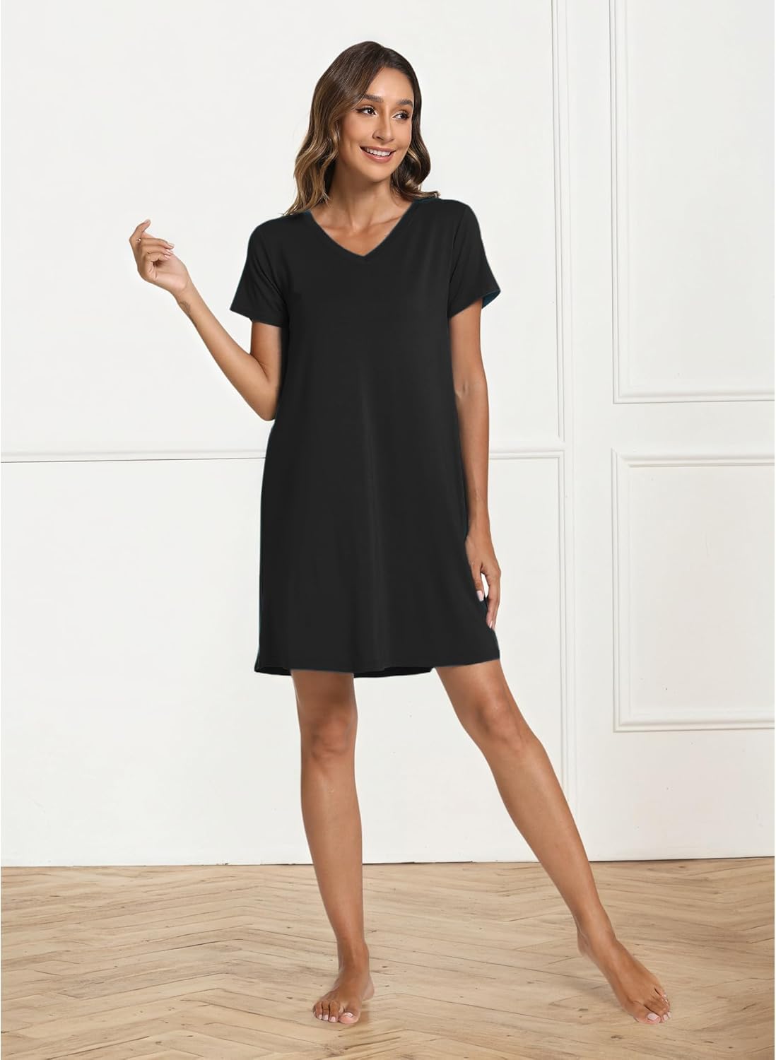 GYS Bamboo Viscose Women's Nightgowns Classic Short Sleeve V Neck Sleep Dress - Image 2