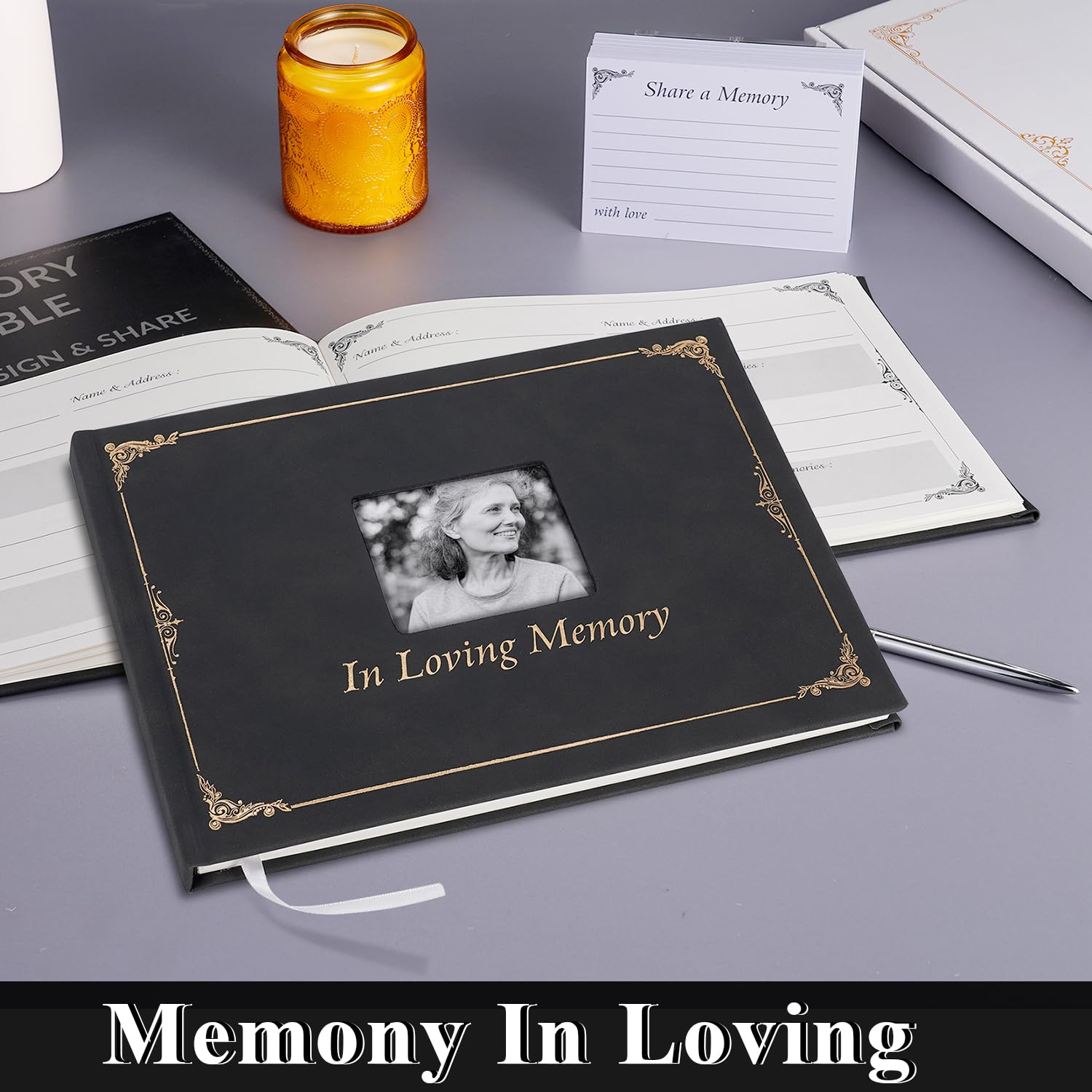 Funeral Memory Book, Leather Hardcover Funeral Guest Book with Gold Engraving, Memorial Guest Book - Image 3