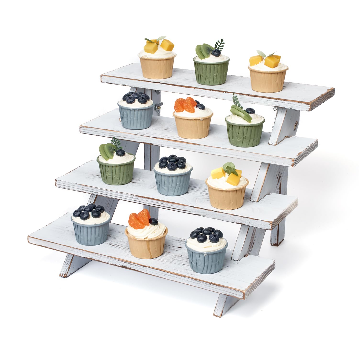 Photo 1 of **four big pieces only/ missing hardware **DAOYOUSKY Wooden Rustic Cupcake Stand for 24 Cupcakes, Stepped Wood Display Stand for Weddings, Tiered Party Table Display Riser for Food , Dessert, Cookie, Decor, Craft Show, White