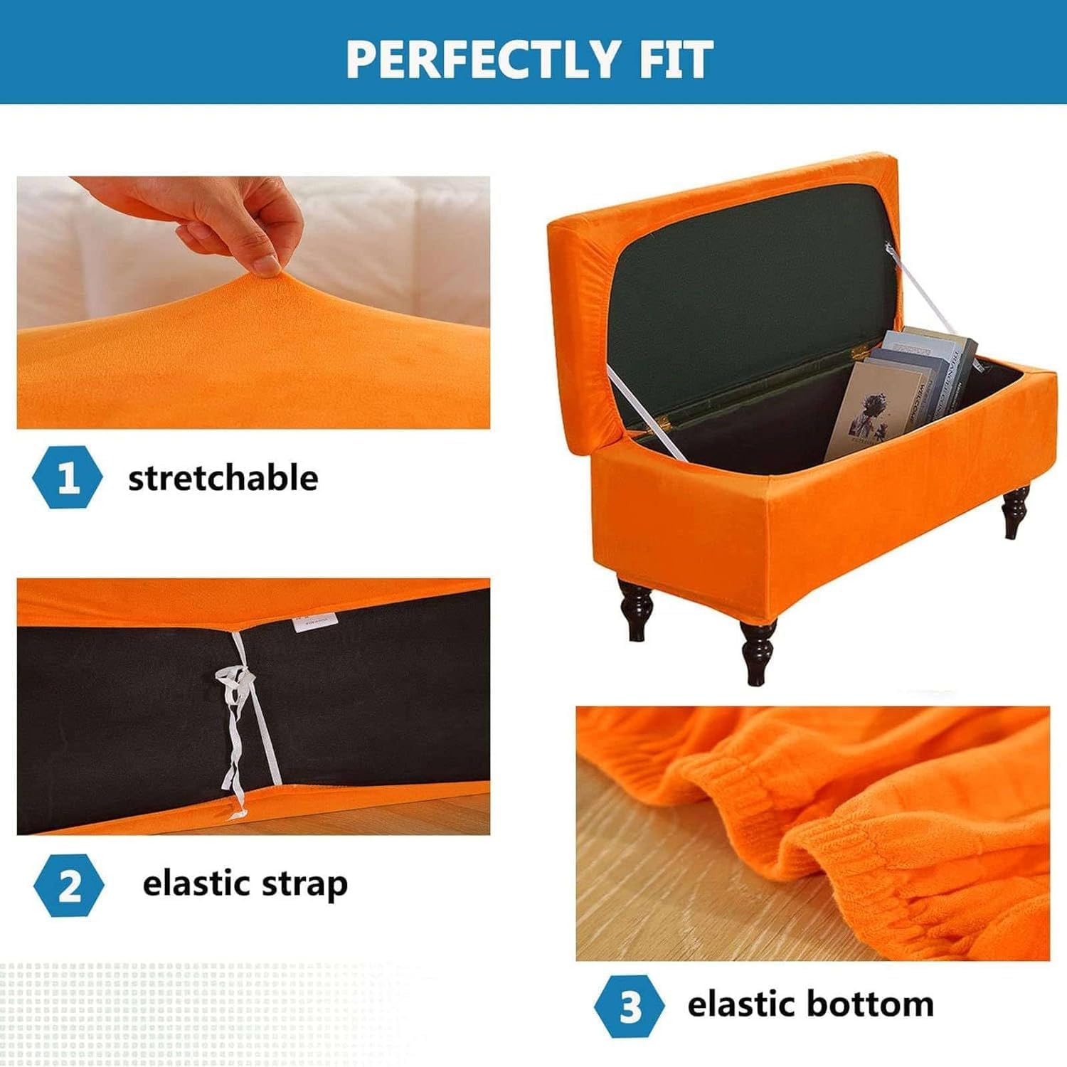 Stretch Velvet Rectangle Ottoman Cover for Storage Ottoman, Non-Slip Footstool Protector Cover, Bench Cover for Living Room and Bedroom Furniture Protection (Color : E, Size : Large)