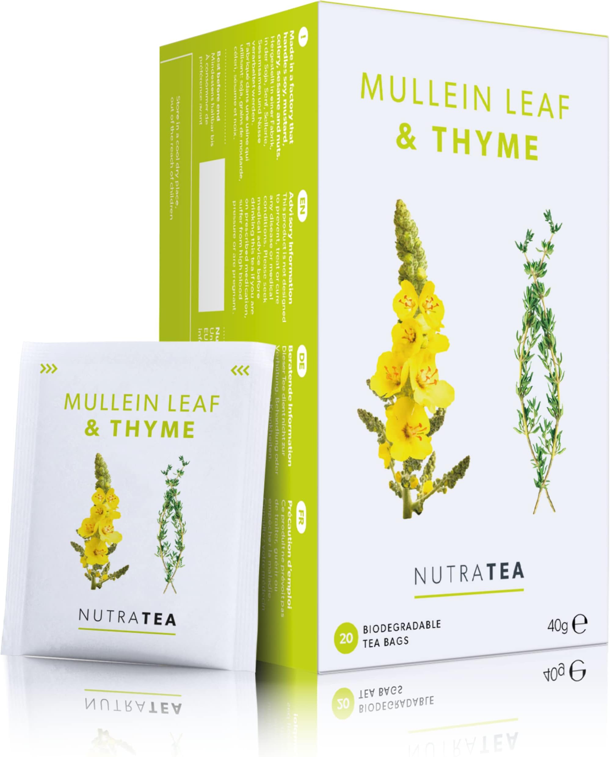 Mullein Leaf & Thyme - Mullein Tea For Lungs & Throat - 80% Mullein Leaf, 20% Thyme - 20 Individual Wrapped Bags - Herbal Infusion (1 Pack)
