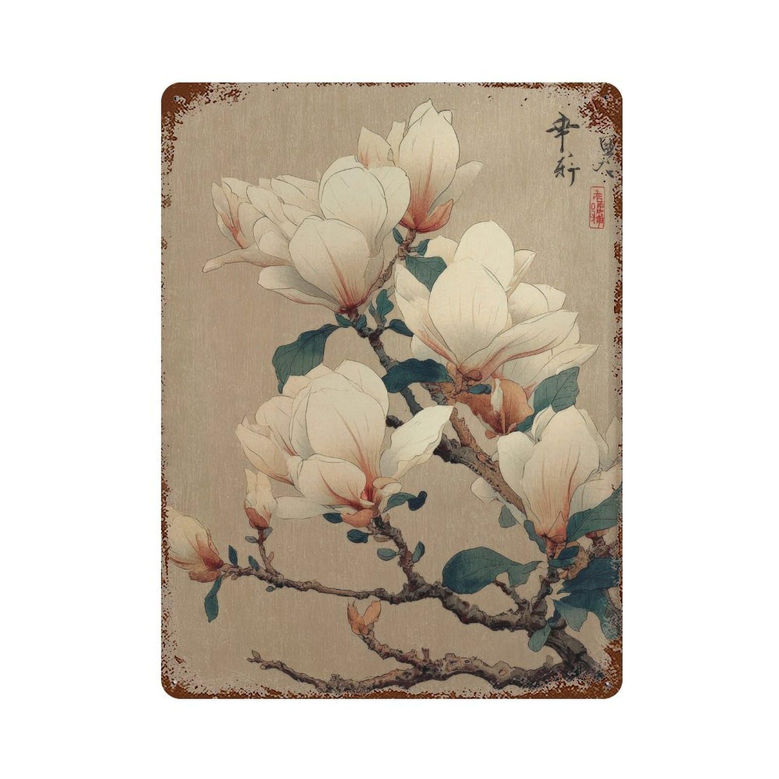 xiaoxiaoshen Magnolia Flower. Traditional Japanese Botanical Wall Decor Art Metal Tin Poster Modern Home Decor Art Home Bar Shop Decorations Vintage Sign 40x30cm