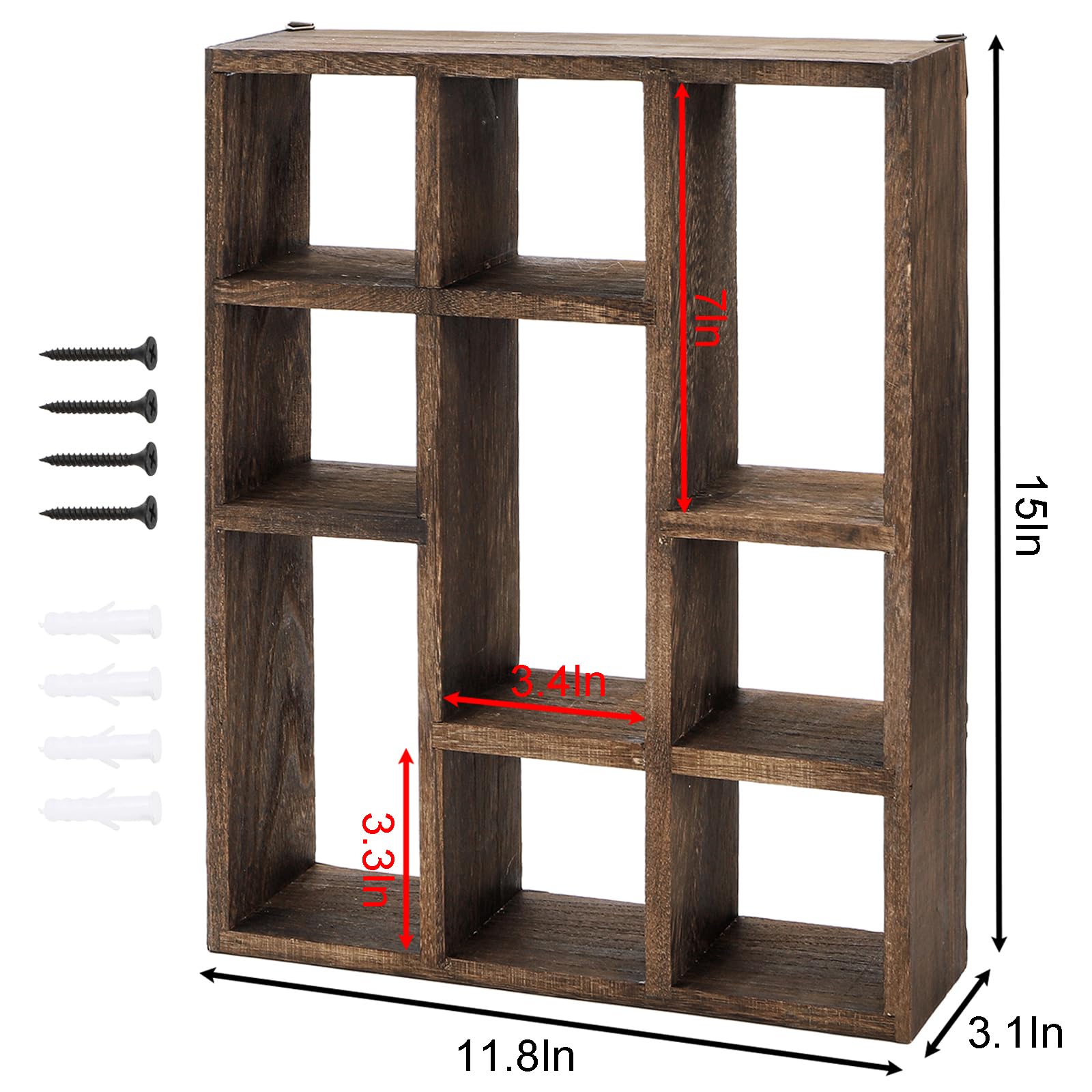 Étagère De Présentation En Bois Rustique 12 Cases - 38.5x7x29.5 Cm, Multifonction