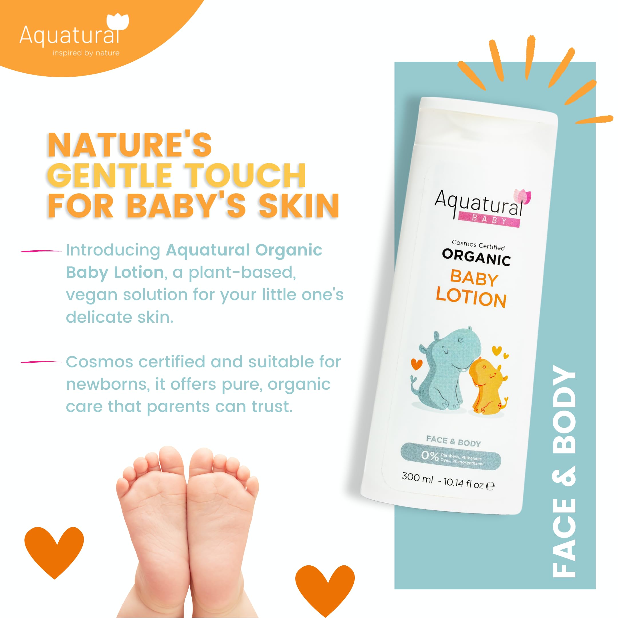 Aquatural Organic Baby Lotion for Newborn, Natural Face & Body Cream Moisturizer, Toddler, Delicate, Dry Skin - Gentle Kids Lotion Sensitive Skin, 10.14fl oz