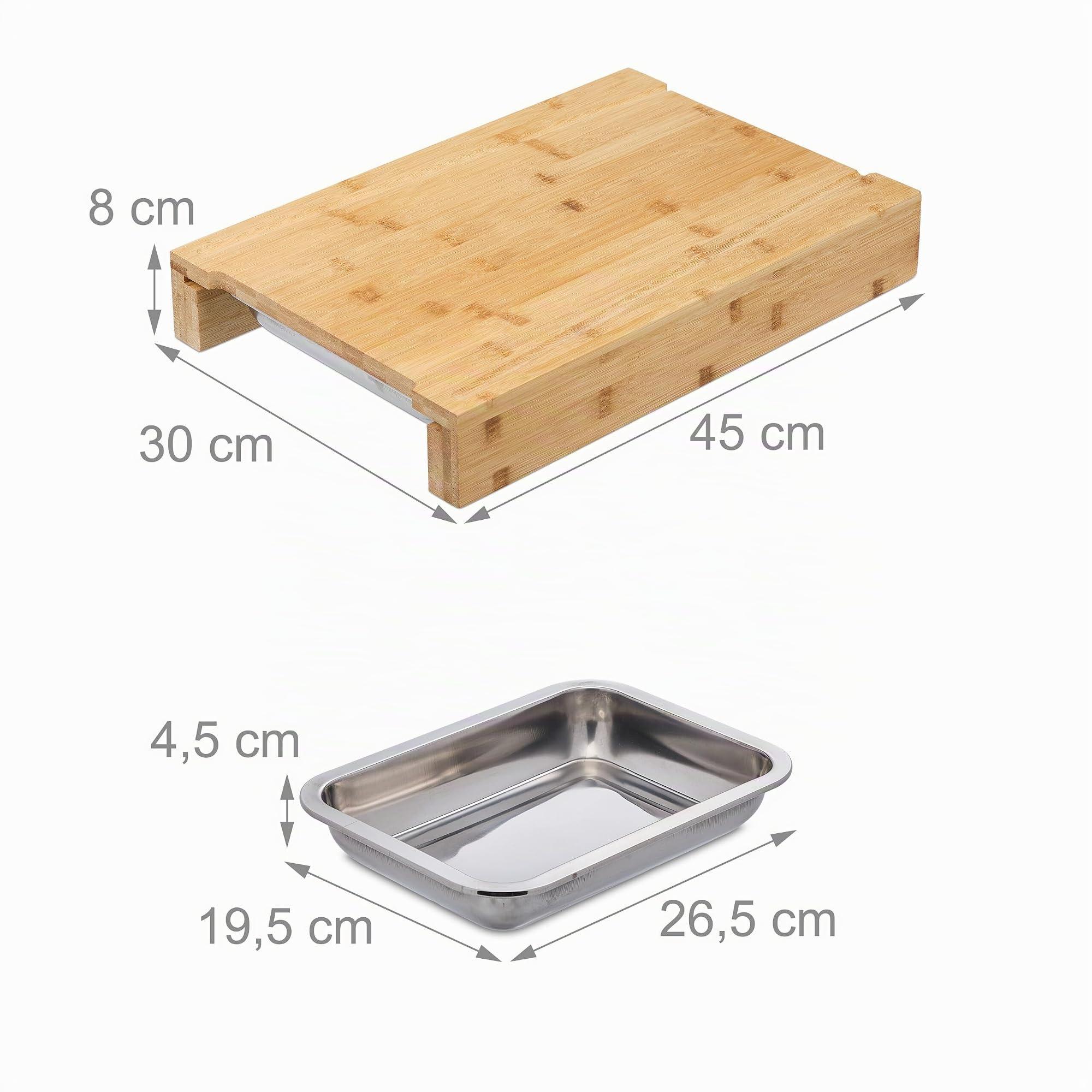 Relaxdays Tabla de Cortar con 2 Recogemigas, Pan y Carne, Madera de Cocina, Bambú y Acero, 8x45x30cm, Natural y Plateado