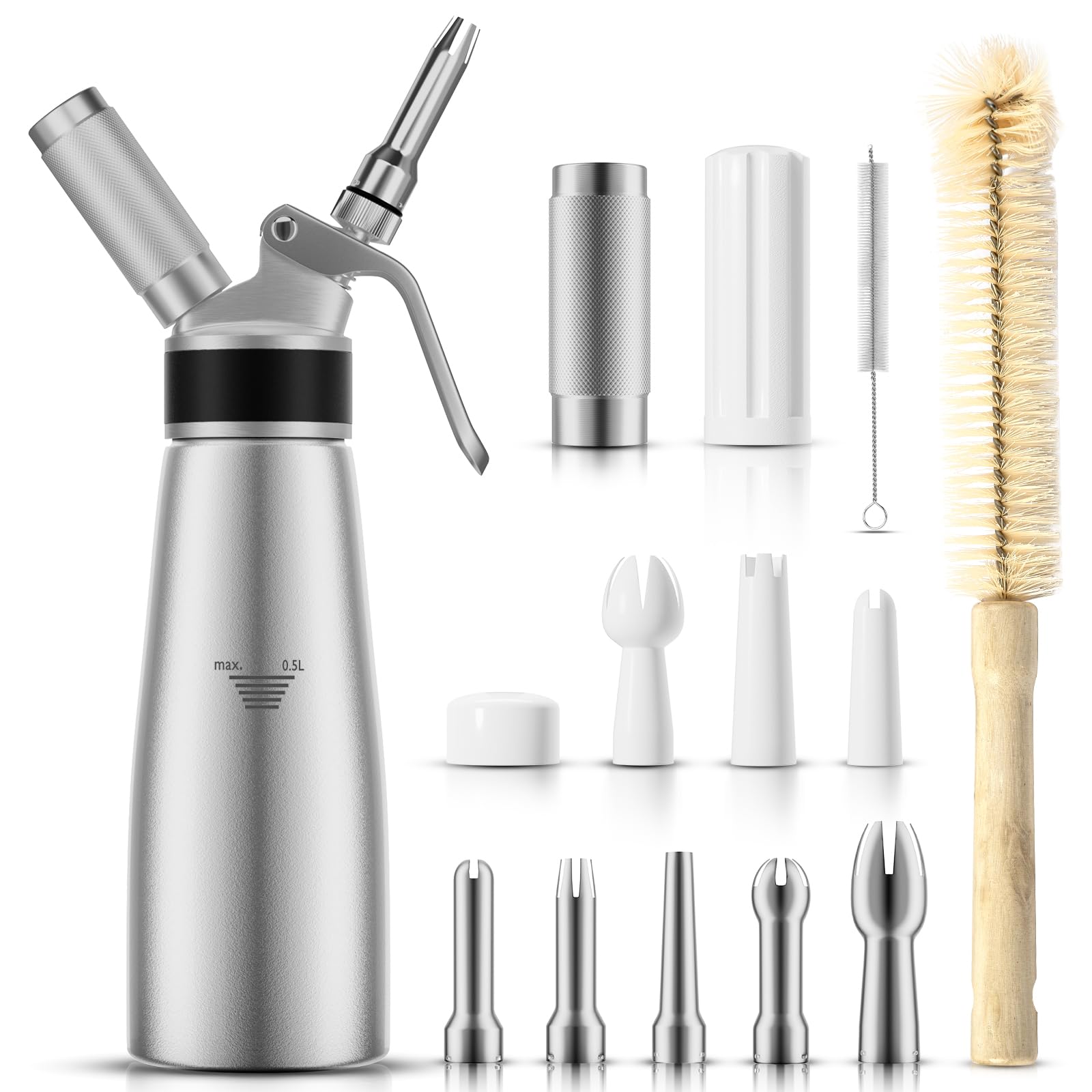 ENLOY Professioneller Aluminium-Sahne-Spender, 500 ml, Schlagsahnebereiter, Kanister mit 8 Dekorationsdüsen und Reinigungsbürste, Sahnebereiter muss N2O-Ladegeräte verwenden (Hinweis: nicht im