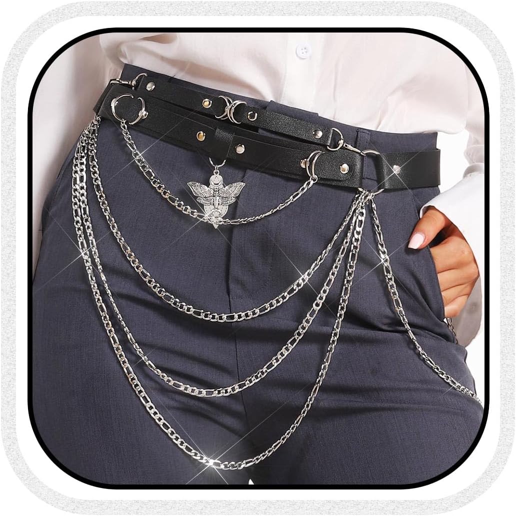 BODIY Leather Waist Chain Belt Goth Black Belly Belts Rave Body Accessories for Women