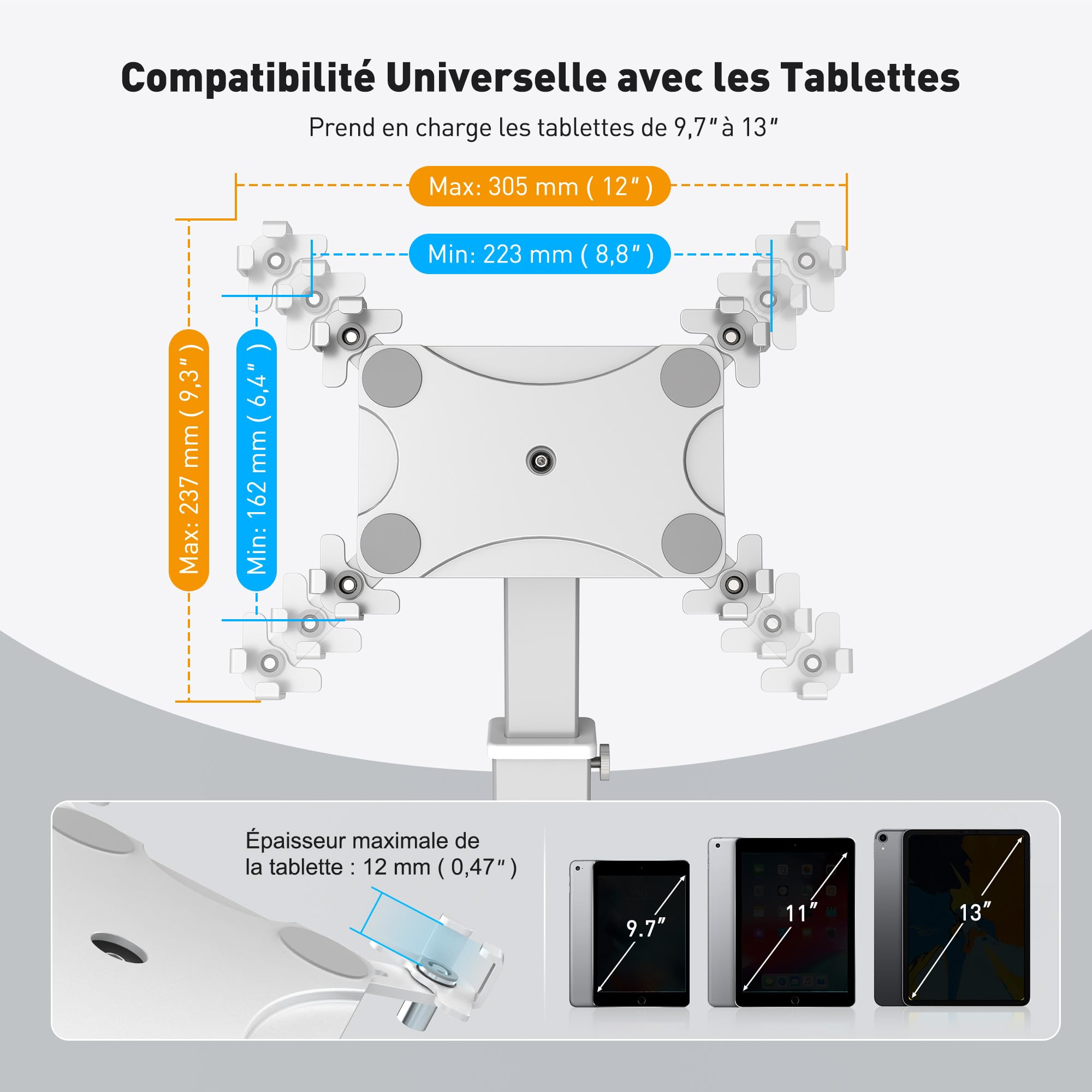 AboveTEK Support Kiosque Antivol pour iPad, Rotation 360°, Hauteur Réglable 21-34cm, Acier/Aluminium Robuste, pour Tablettes 9.7"-13", Support POS Sécurisé pour Commerce-Argent