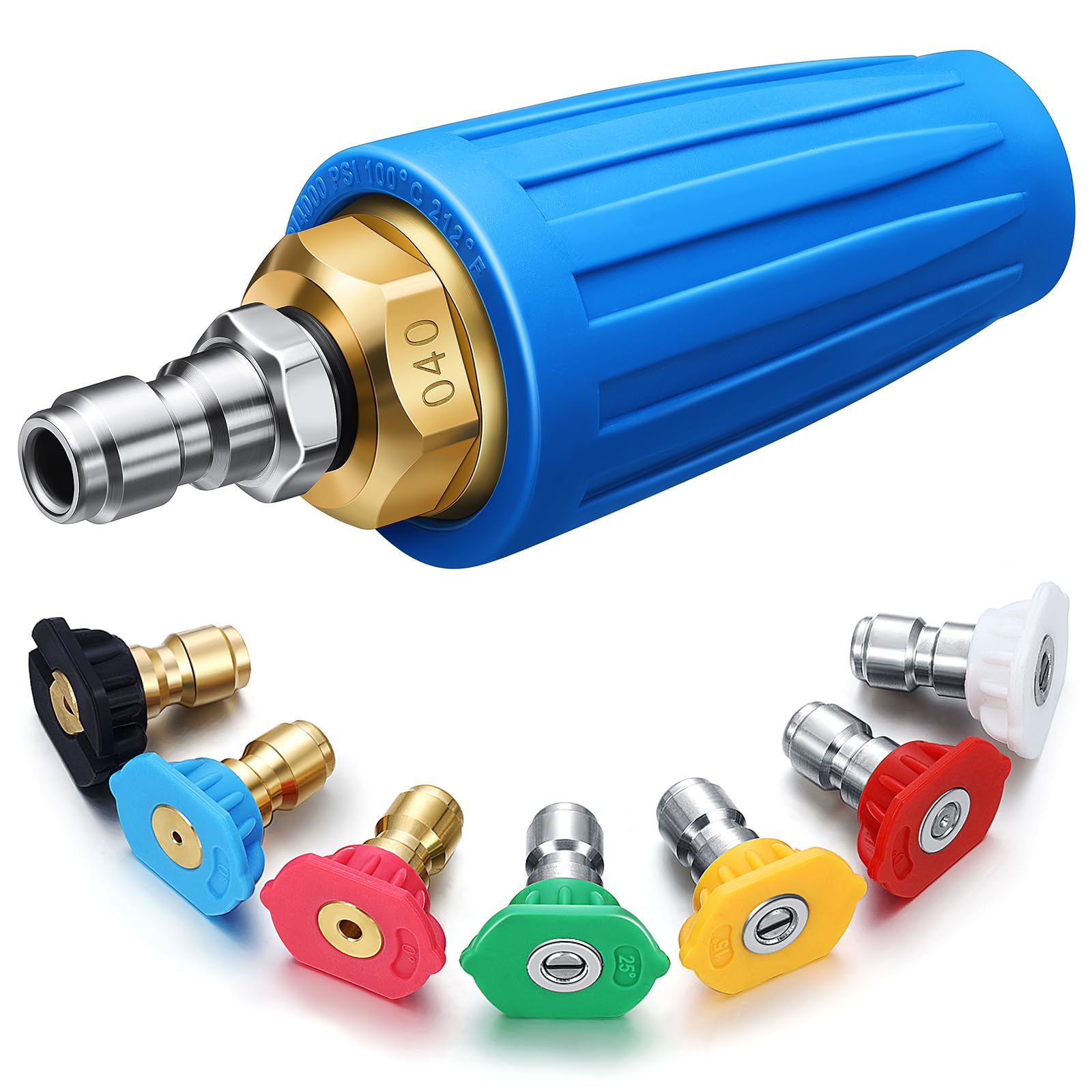 MorningRo4000 PSI Pressure Washer Rotating Turbo Nozzle 4.0 GPM Quick Connector Turbo Nozzle with 7 Pieces Spray Nozzle Tips Kit Multiple Degrees (0, 15, 25, 40, 65 Degrees, Rinse1, Soap2), Blue