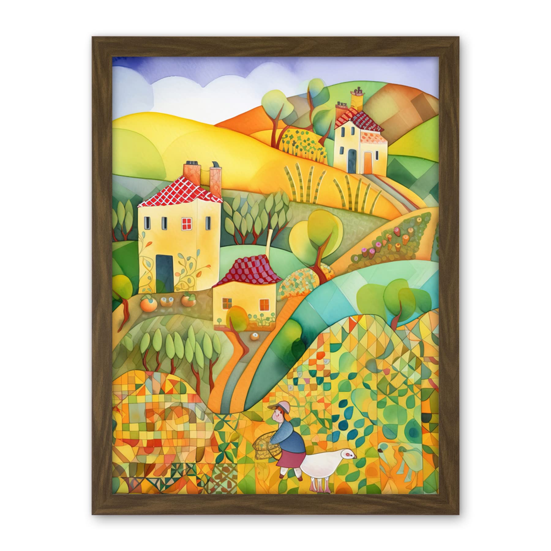 Artery8 Countryside Farming Folk Art Watercolour Painting Artwork Framed Wall Art Print 18X24 Inch