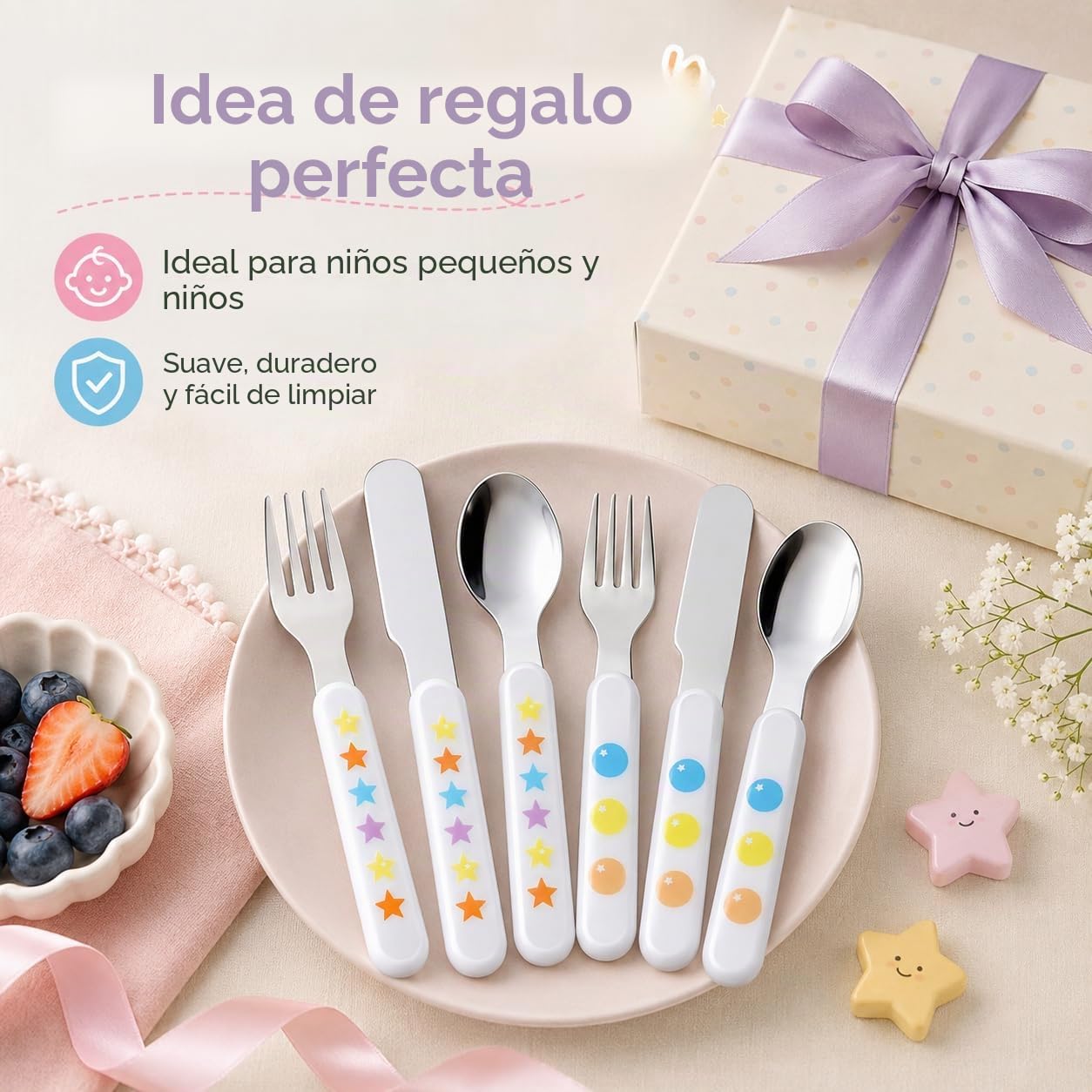 Exzact Cubiertos Infantiles 6 Piezas de Acero Inoxidable 18/10-2 x Tenedores, 2 x Cuchillos de Seguridad, 2 x cucharas, Mango de plástico, Cubertería Infantil sin BPA - Estrellas y Puntos