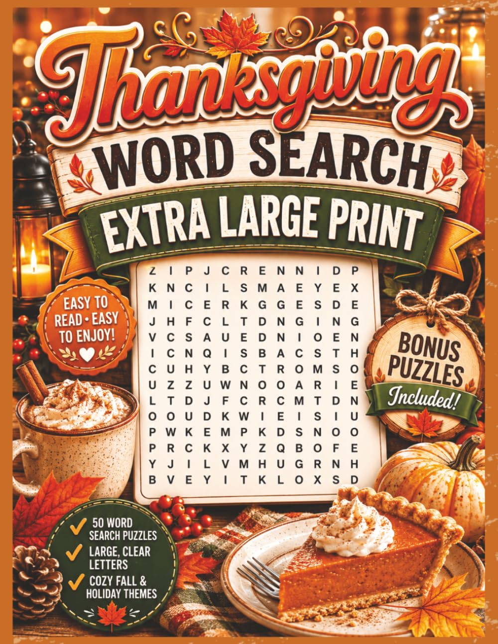 Thanksgiving Word Search - Extra Large Print Edition: Holiday Puzzle Book for Adults and Seniors with Cozy Autumn Themes, Bonus Mini Crosswords, Word Scrambles, Mazes, and Relaxing Fall Fun