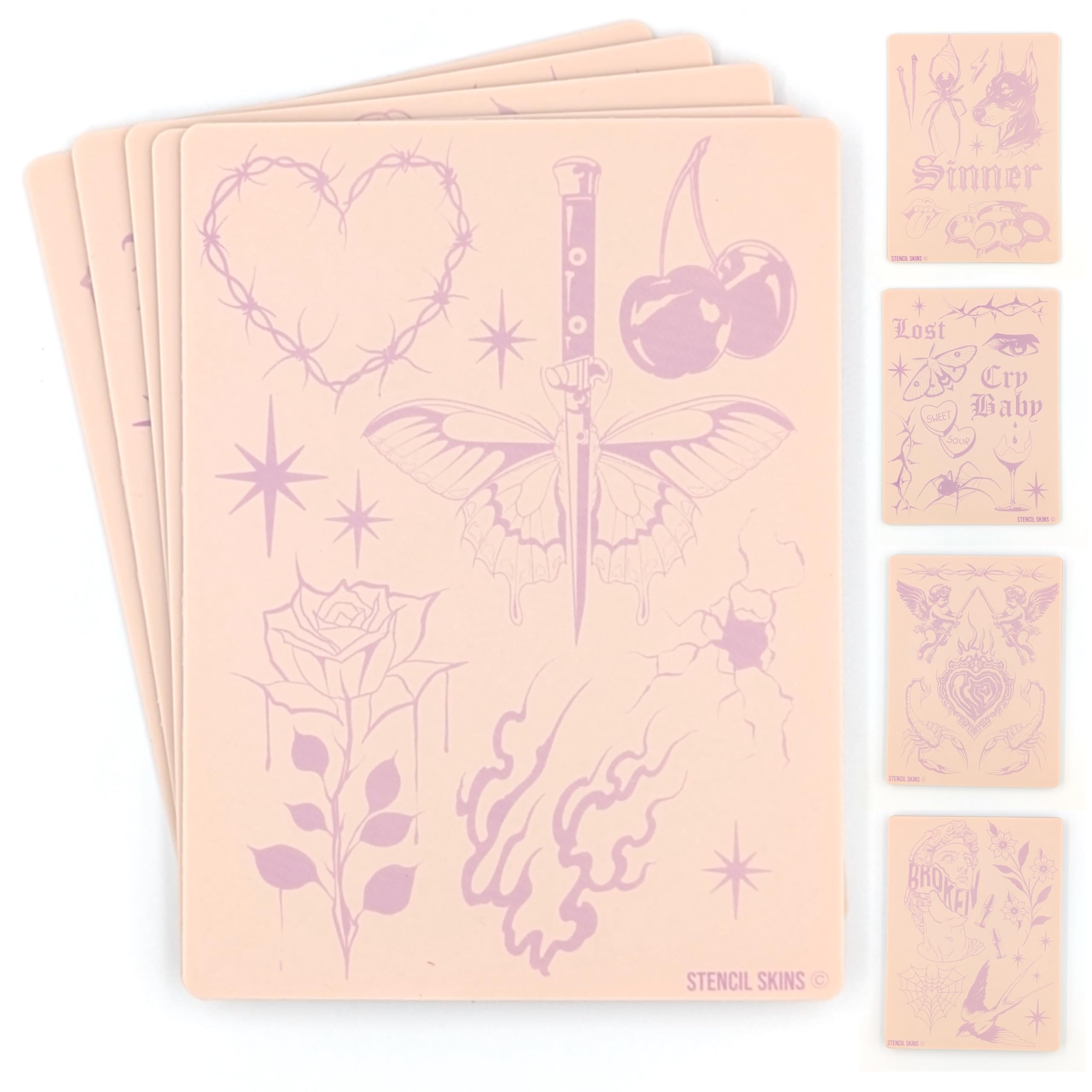 Stencil Skins Pre Printed Tattoo Practice Skin Set Patchwork 5 Mixed Motifs Patchwork Set, 3mm Silicone Fake Skin - Image 4