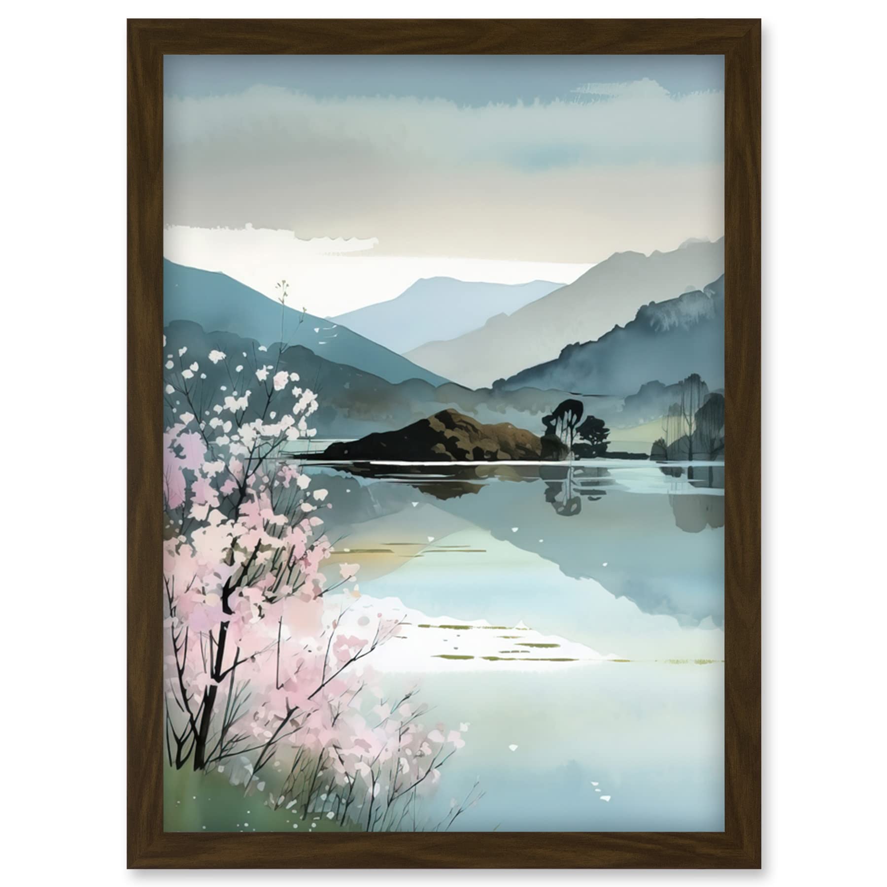 Artery8 Lakeside Landscape with Cherry Blossom Tree Modern Watercolour Painting Artwork Framed Wall Art Print A4