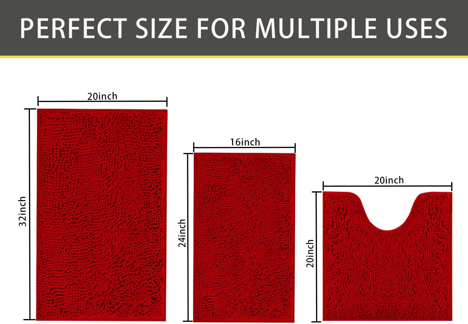 Bathroom Rugs Sets 3 Piece,Bath Mats for Bathroom Non Slip, Thick Chenille Bath Rug,Soft and Absorbent Shaggy Bathroom Mat Set, Machine Wash & Quick Dry Durable Carpet for Bath,Kitchen,Red