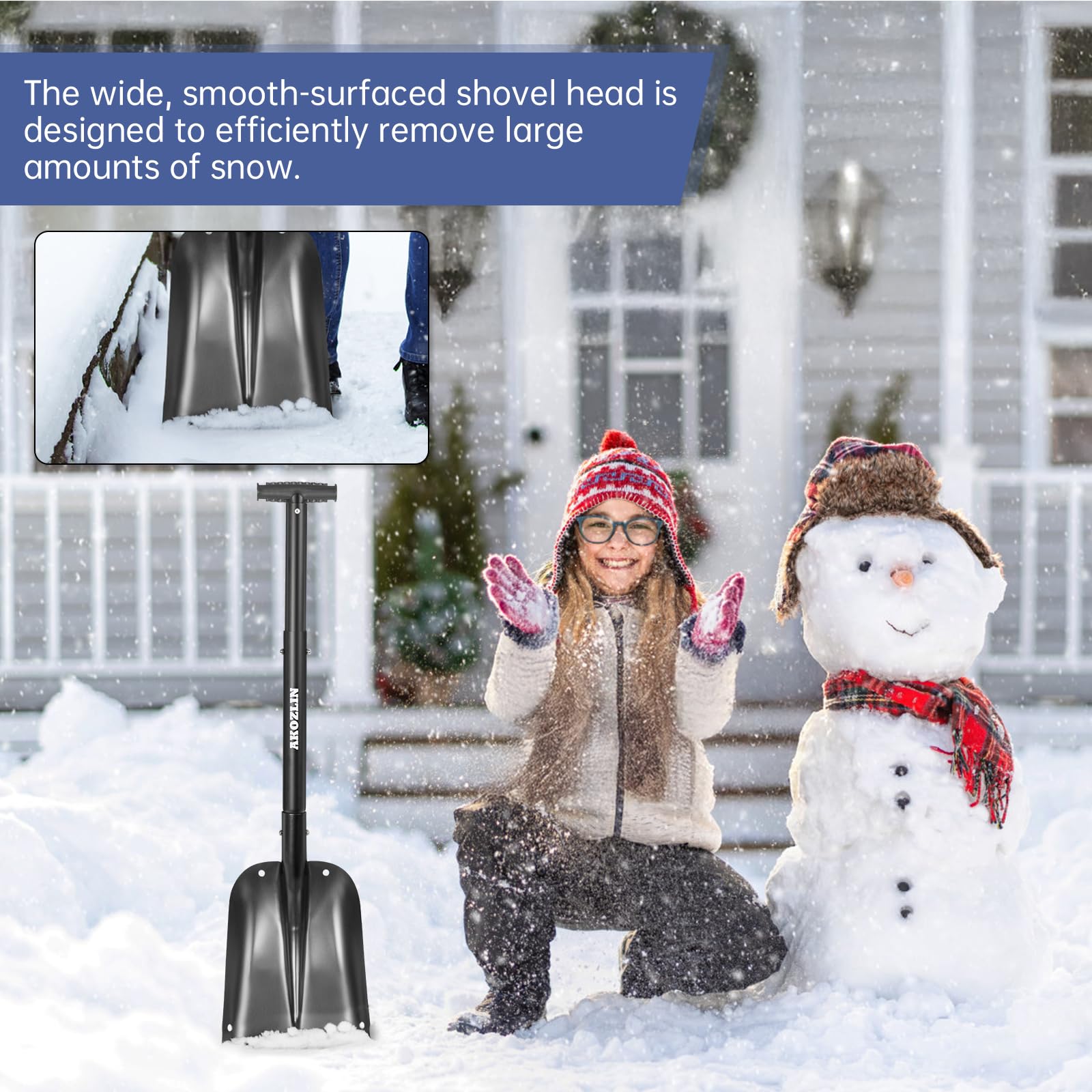Teleskopische Notfallschneeschaufel mit Eiskraber und Tragetasche Falten Aluminium 54-82CM Rückziehbare Notfallschaufel Leichtgewicht für Auto Schneemobil Garten Camping