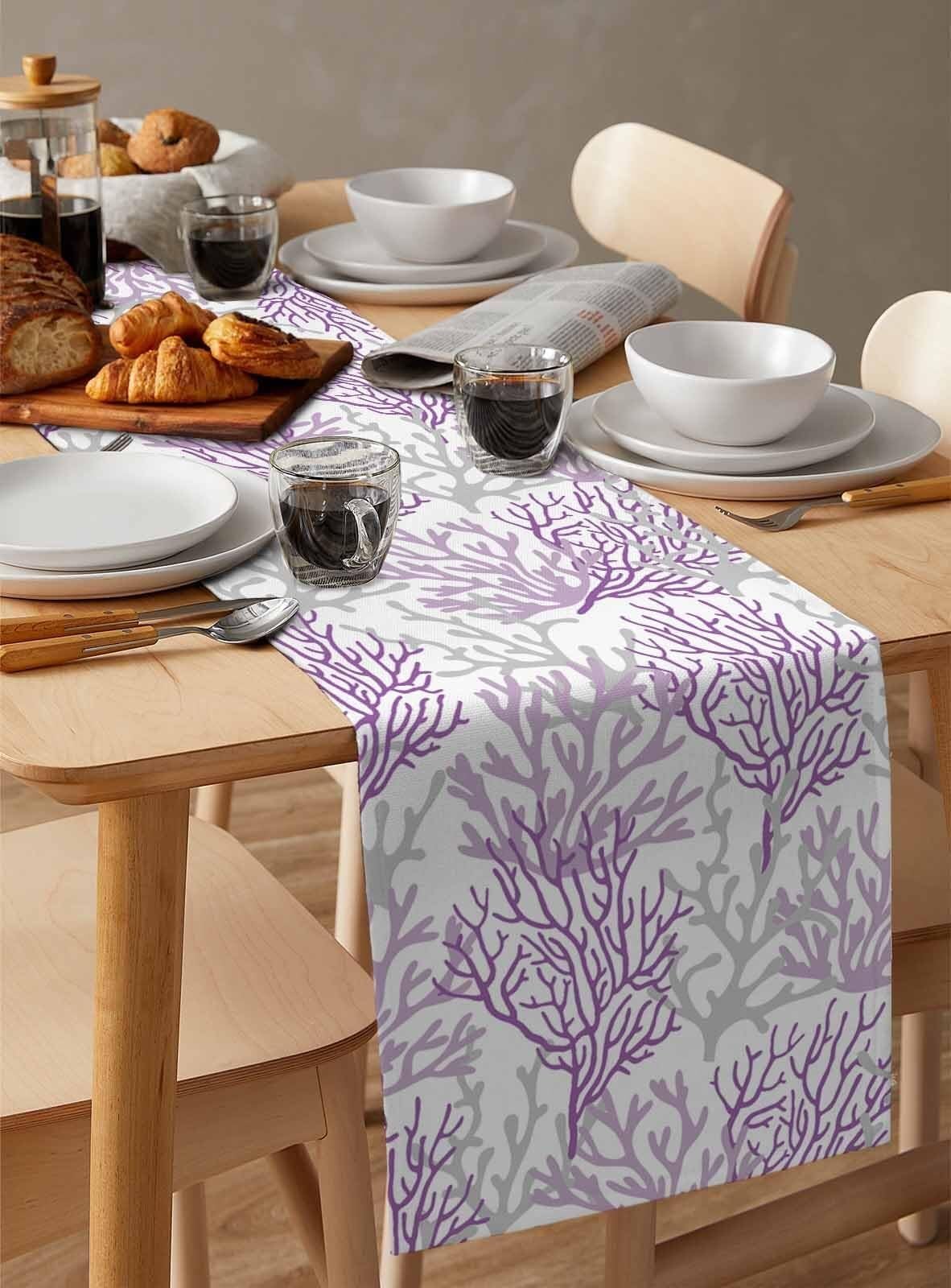 Chemin de Table en Coton et Lin Bleu Corail 13"x60" - Parfait for Une décoration sur Le thème de la Plage en été(Purple Gray Coral,13x120 inch)