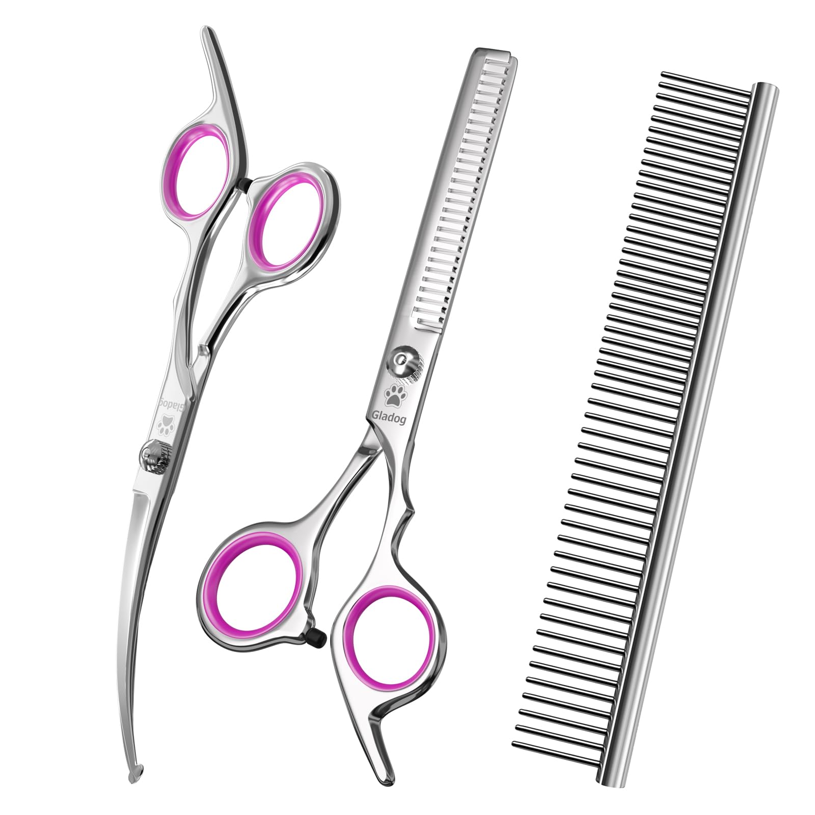 GLADOG 3 in 1 Dog Grooming Scissors Kit, Pink Titanium Coated Pet Scissors for Dogs & Cats, Curved Thinning Shears with Comb, Safety Round Tips, Ergonomic Handle โ image 1
