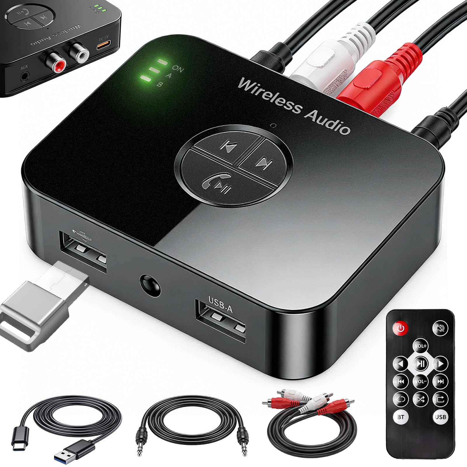 Adattatore Bluetooth impianto stereo: adattatore audio Blue Tooth 6.0, trasmettitore Bluetooth ricevitore con cavo AUX da 3,5 mm, adattatore Aux Blue Tooth con telecomando, trasmettitore audio