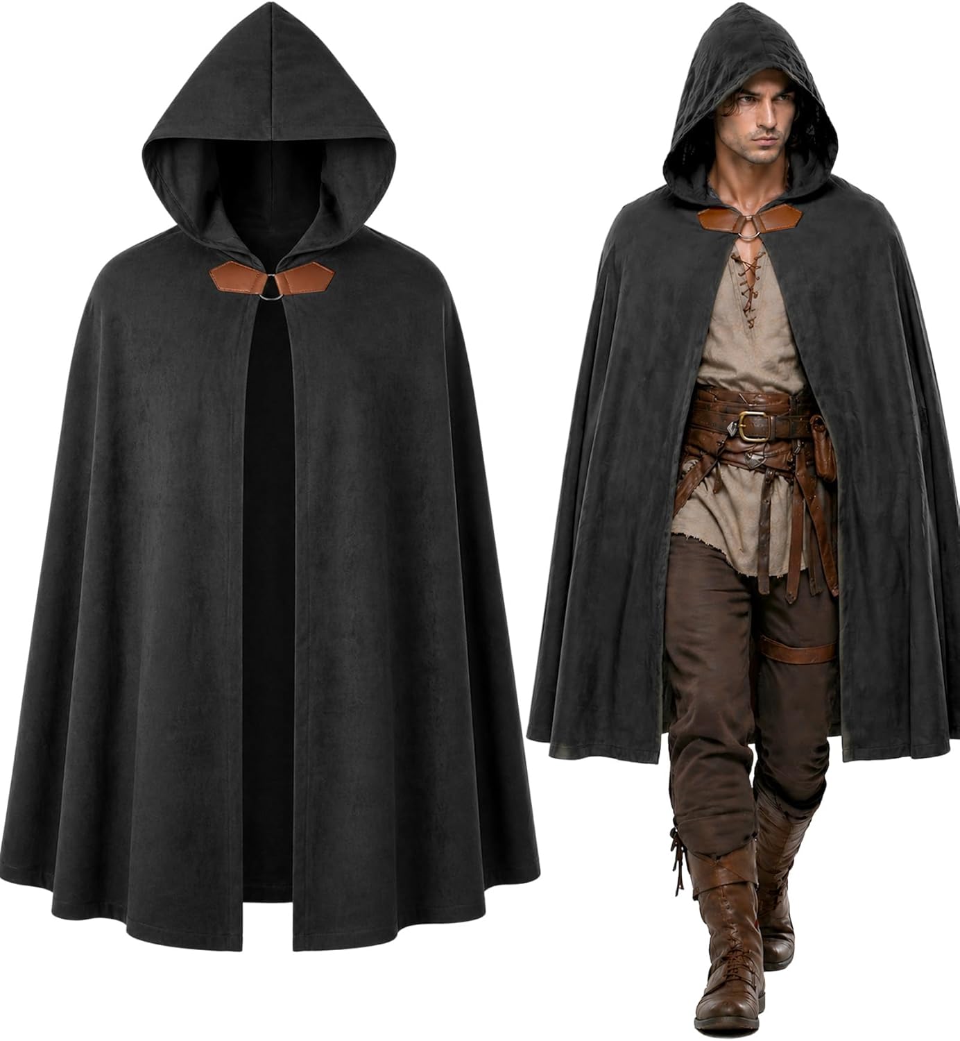 Retro Medieval Velvet Hooded Cloak - Renaissance Cape with Hood Capelet Halloween Sorcerer Viking Costume