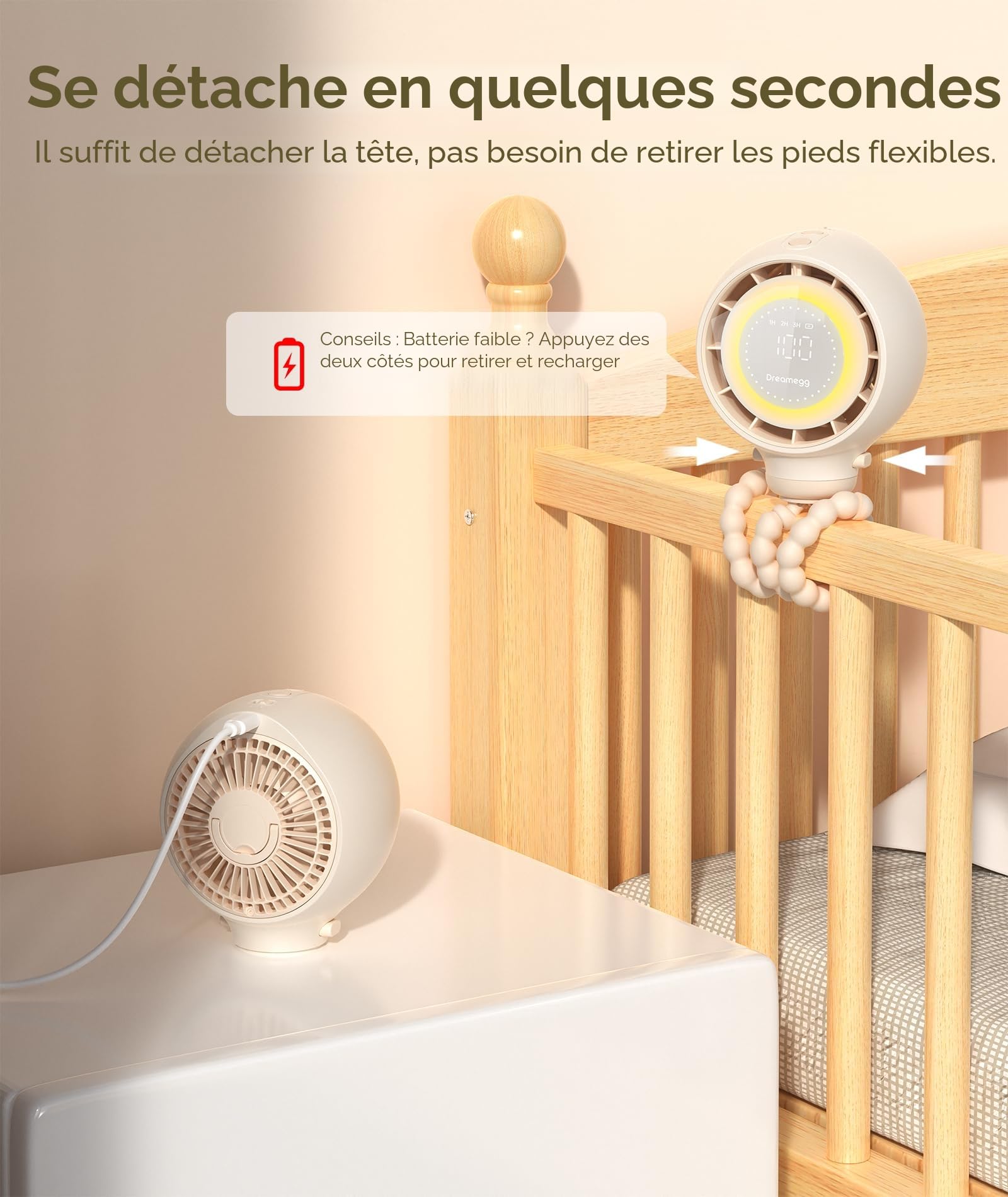 Dreamegg Ventilateur Portable pour Poussette Bebe, Affichage LED Intelligent, Ventilateur à Pince Détachable à 360°, 4 Vitesses de Vent, 2 Veilleuses, Sans Fil USB-C Rechargeable 4000mAh