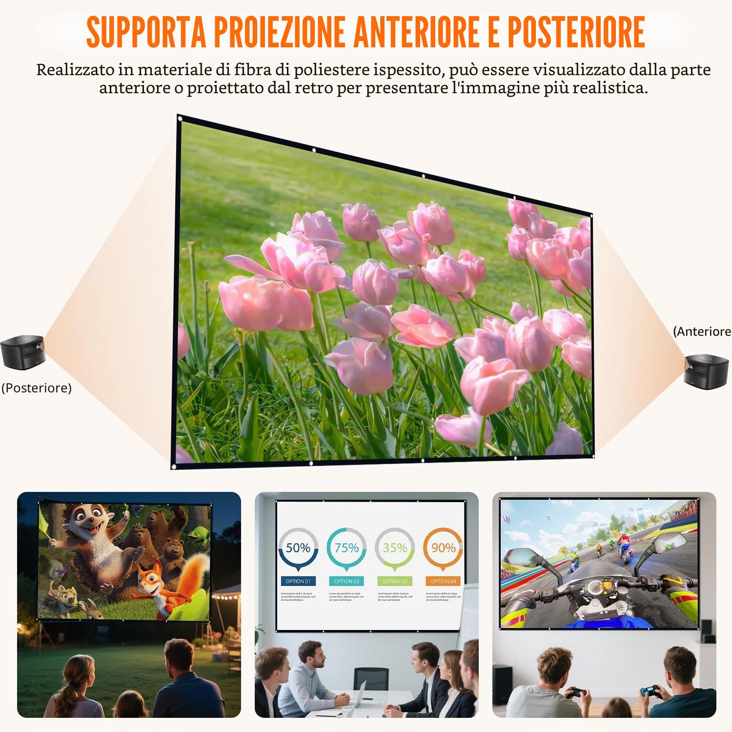 Schermo per Proiettore da 120 Pollici, Ultra 4K 16:9 FHD Schermo per Proiezione Pieghevole su Entrambi i lati, Schermo Proiezione Esterno per Casa Ufficio Eventi All`Aperto Teatro