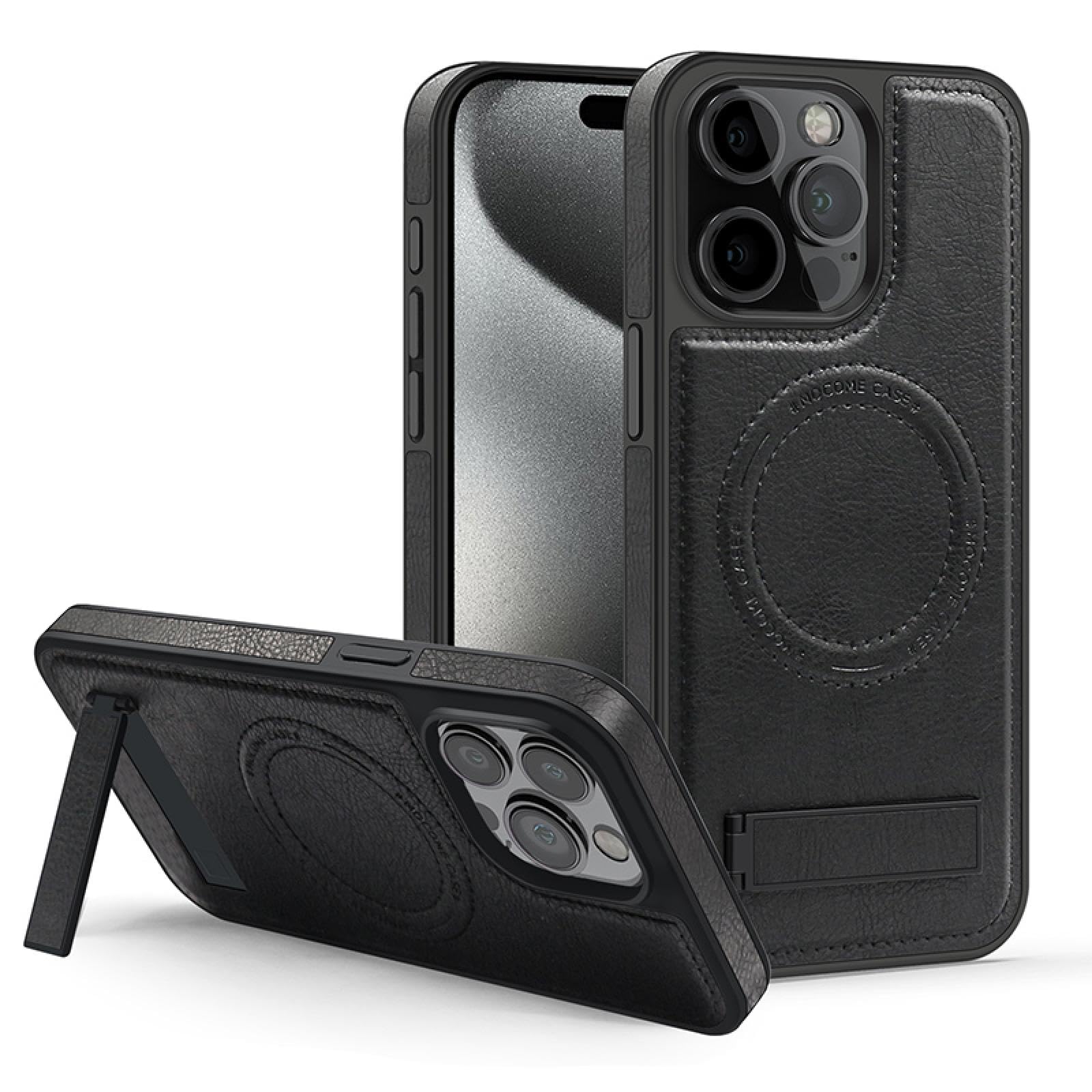Für iPhone 15 Plus Magnetischer Metallhalter Stoßfeste Leder-Telefonhülle Stoßstangen-Rückseite (Für iPhone 15 Plus/Schwarz)