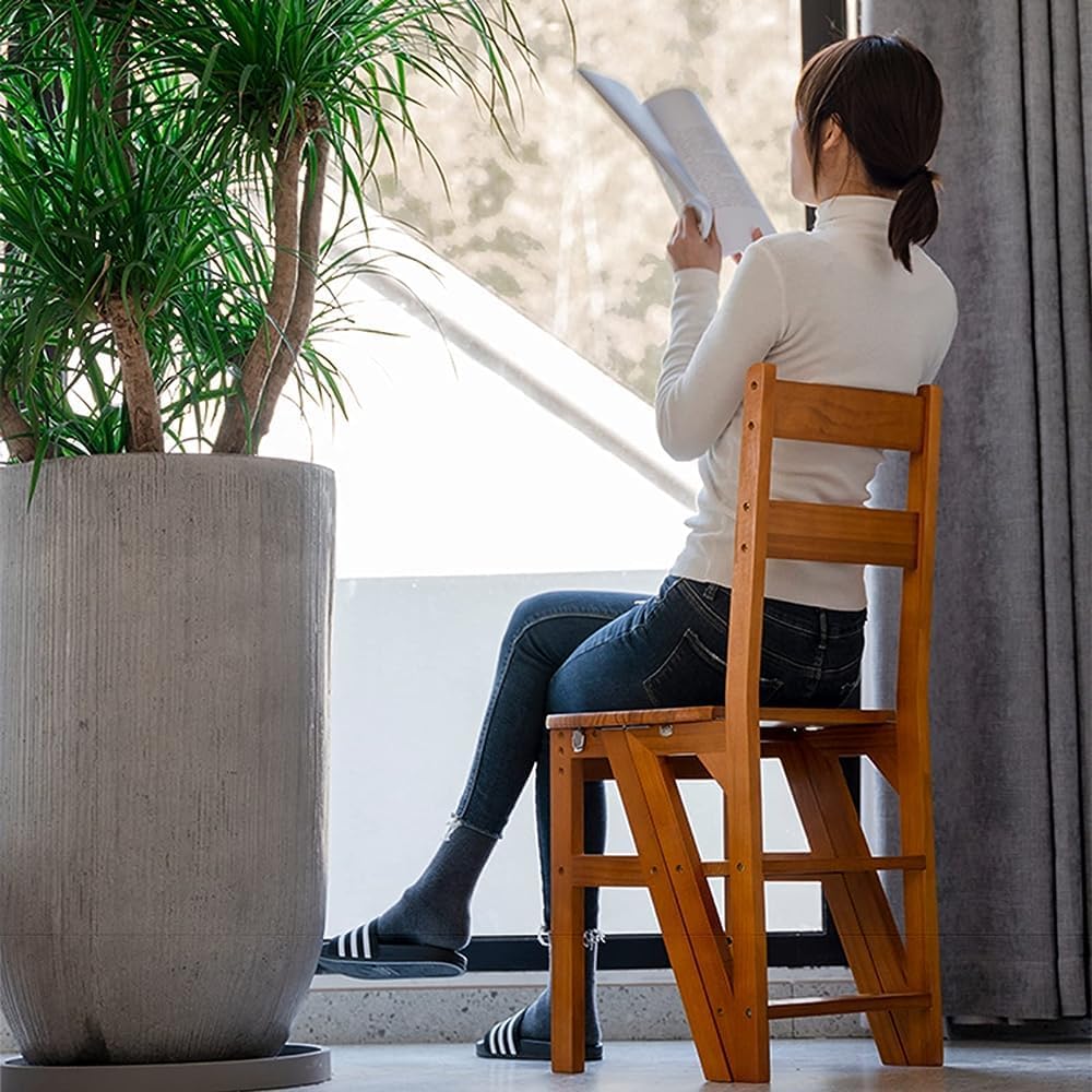 Foldable Solid Wood Library Ladder Chair4Step Multipurpose Step Stool & Flower Stand Dual Purpose Climbing Chair Ideal for Home & Office (Color: B)
