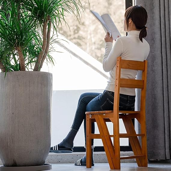 Solid Wood Folding Library Ladder Chair Step Ladders Step Chair Foldable Stool Dual Purpose Stepladders 4-Step Climb Step Multipurpose Flower Stand(Color:A)