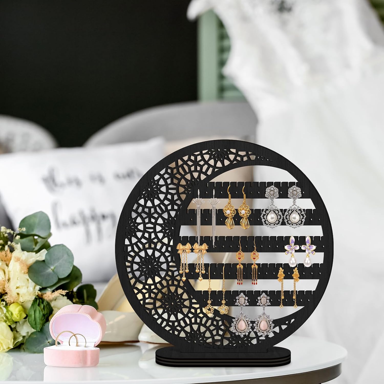 Kathfly Large Boho Moon Earring Display Stand for Mother's Gift 10 Inch Wooden Floral Goth Earrings Stud Jewelry Holder Organizer Dangle Hanging Holder Gift for Women(Black)