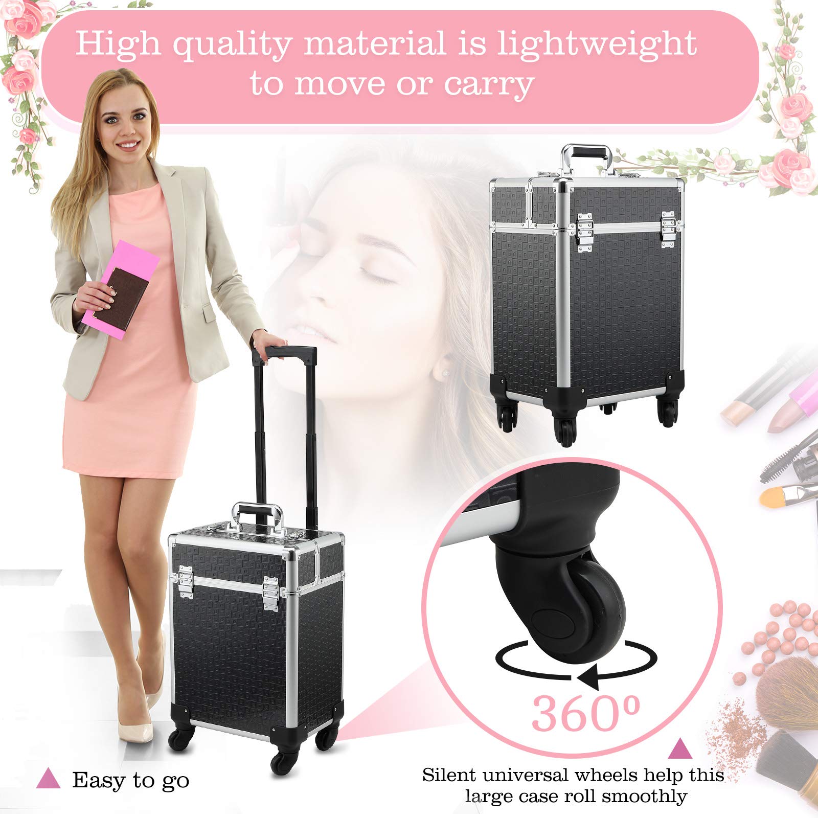 HOMCOM Walizka na wózek do makijażu kosmetyczka Vanity regulowany uchwyt teleskopowy 34L x 24 l x 52H cm alu. Czarny