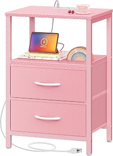 Huuger Nightstand with Charging Station, Side Table with Fabric Drawers