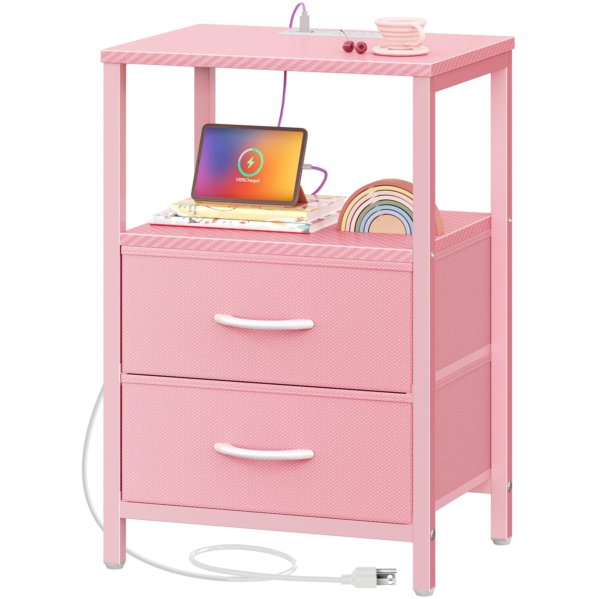 Huuger Nightstand with Charging Station, Side Table with Fabric Drawers, End Table with Open Shelf, Bedside Table with USB Ports and Outlets, Night Stand for Bedroom, Pink