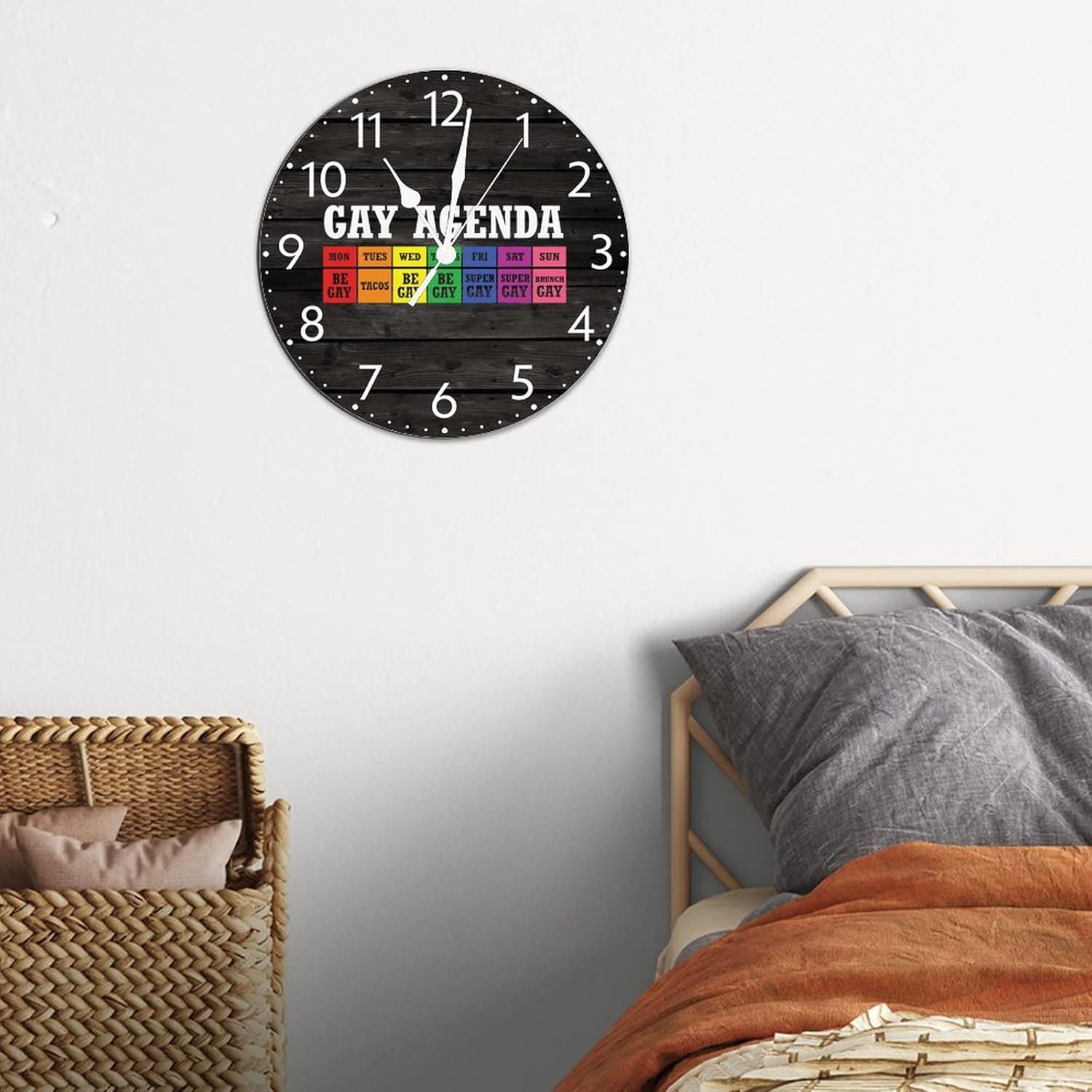 UFunhome LGBT Pride Wood Wall Clocks Gay Agenda Wood Wall Clocks Pride Bisexual Clock Non-Ticking Battery Operated 12 Inch Farmhouse Clock for Office Home Bedroom School Kitchen