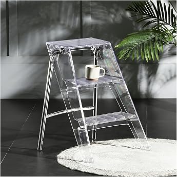 Foldable Step Ladder, 3 Steps, Made of Acrylic, Foldable Transparent Ladder, Ornamental Plants Step Stool for Kitchen, Garage