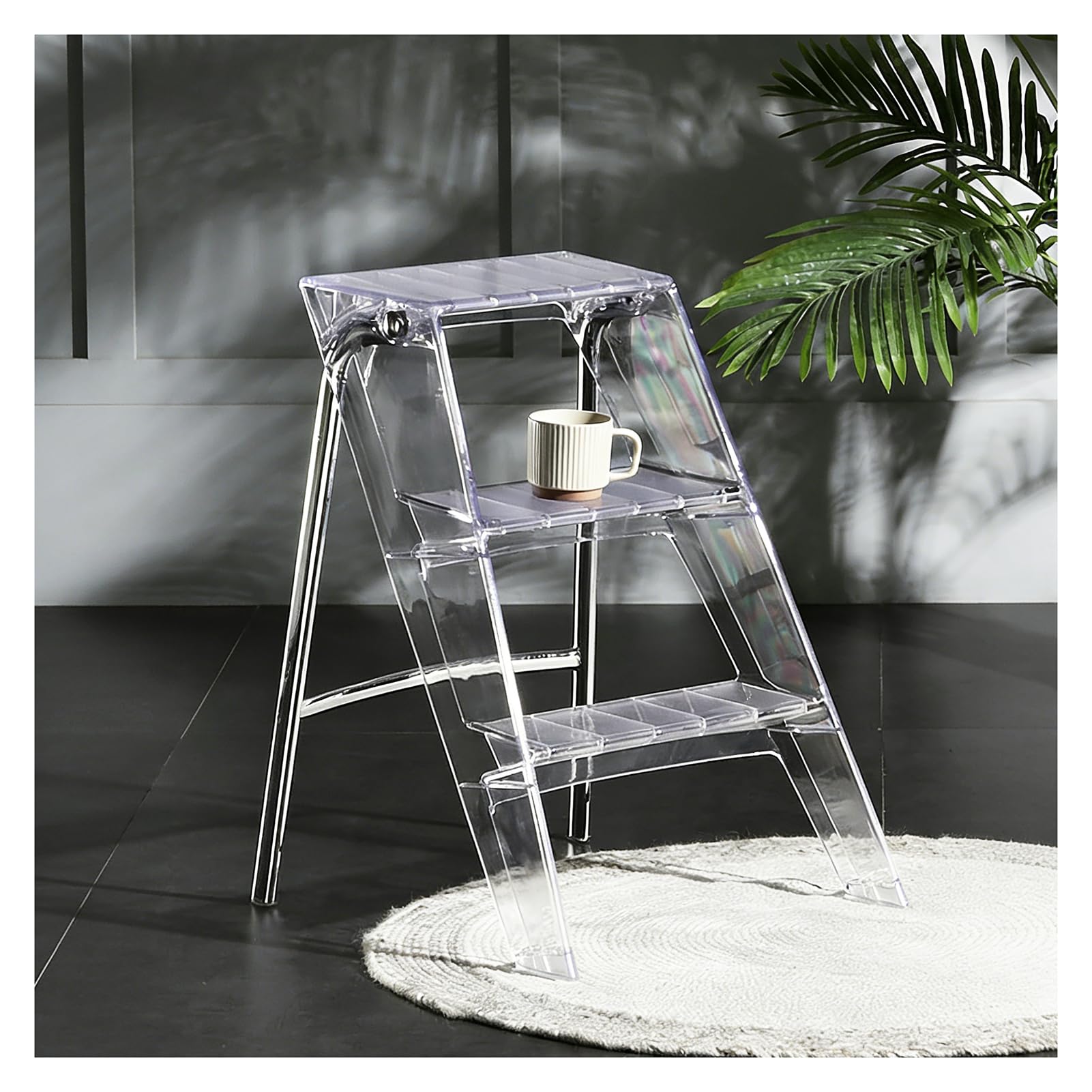 Scala a 3 gradini, Sgabello pieghevole, Scaletta trasparente leggera e portatile, Sgabello Antiscivolo Multiuso per Casa Cucina Ufficio Esterno