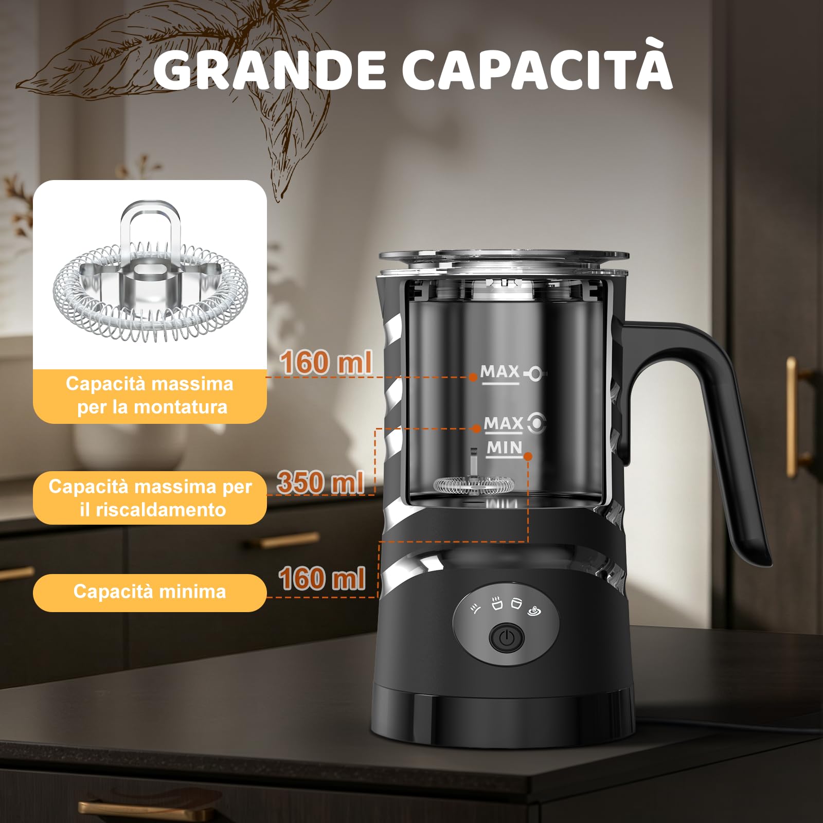 Kissleaf Montalatte Elettrico, 4-in-1 Montalatte e Scaldalatte con Manico