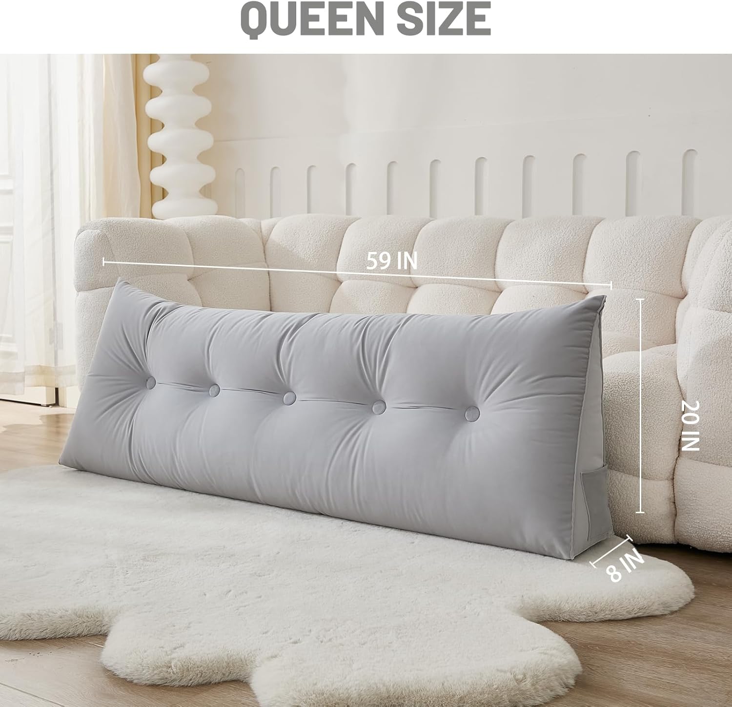 Headboard Pillow for Bed,Triangular Wedge Pillow Headboard Positioning Support While Reading and Resting,Cushion Headboard with Washable Cover, Filled with Cotton (Grey, Queen)