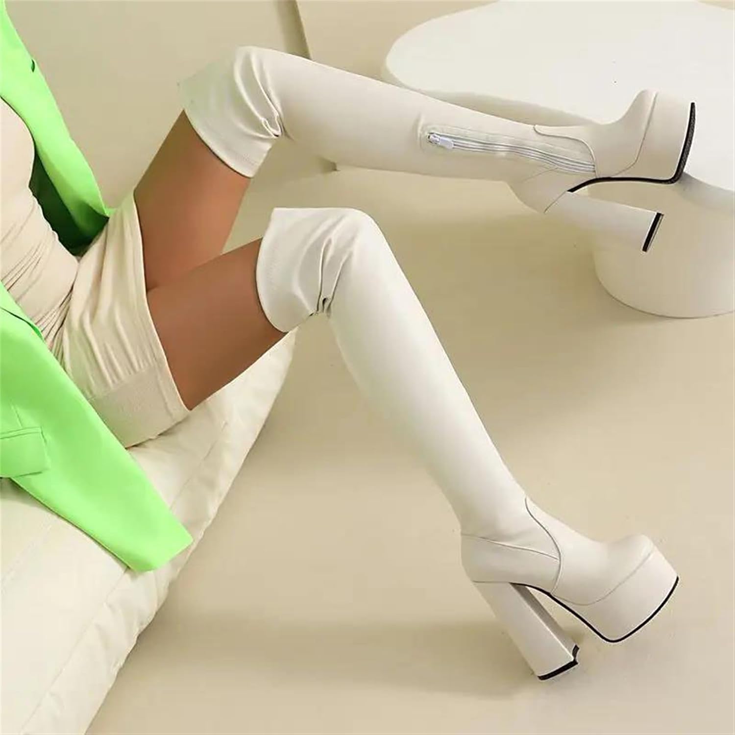 Women's Sexy Over-The-Knee Stretch Boots For Parties And Dating With A Round Toe Super High Block Heel And A Platform