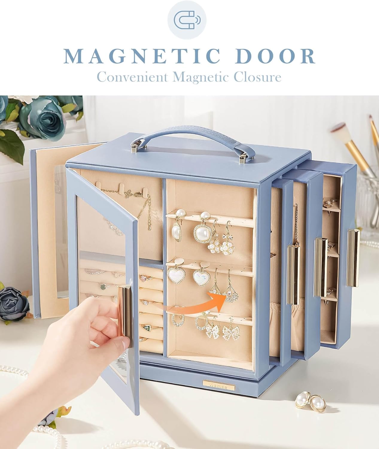 Homde Mothers Day Gifts Jewelry Box 360° Rotating, Necklace Earring Organizer with Transparent Window, Mirror, 7 Drawers, Large Ring Display Storage Case for Girls Women (Grey Blue)