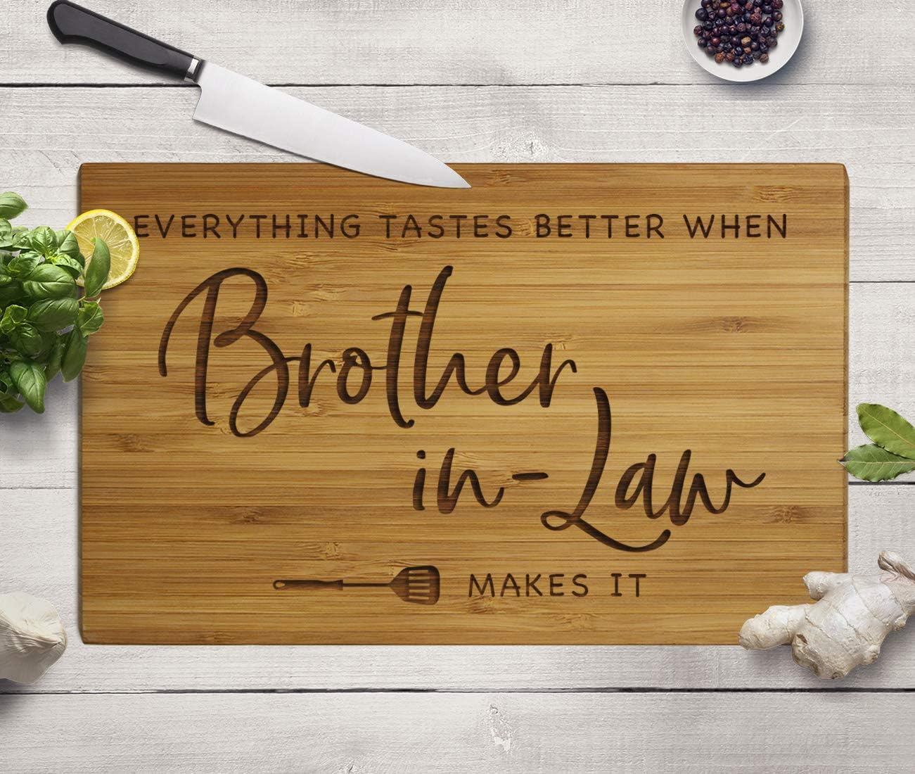 Andaz Press Large Bamboo Wood BBQ Cutting Board Gift, 17.75 x 11-inch, Everything Tastes Better When Brother-In-Law Makes It, 1-Pack, Engraved Serving Chopping Board Birthday Chef Kitchen Ideas