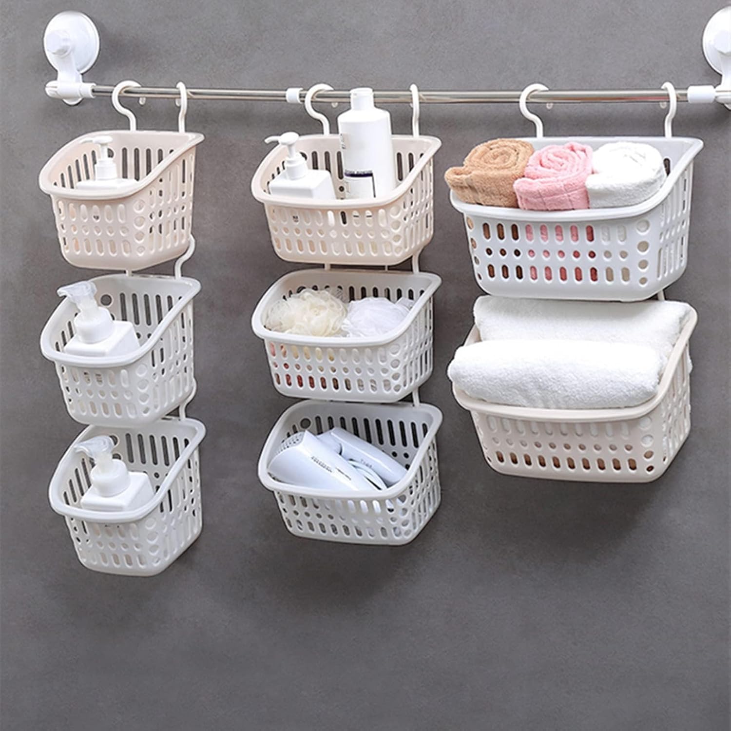 3PCS Plastic Hanging Baskets for Shower, Hanging Basket Organizer with Hooks, Rectangle 8.5Inches Small Hanging Storage Basket (Grey) - Image 6