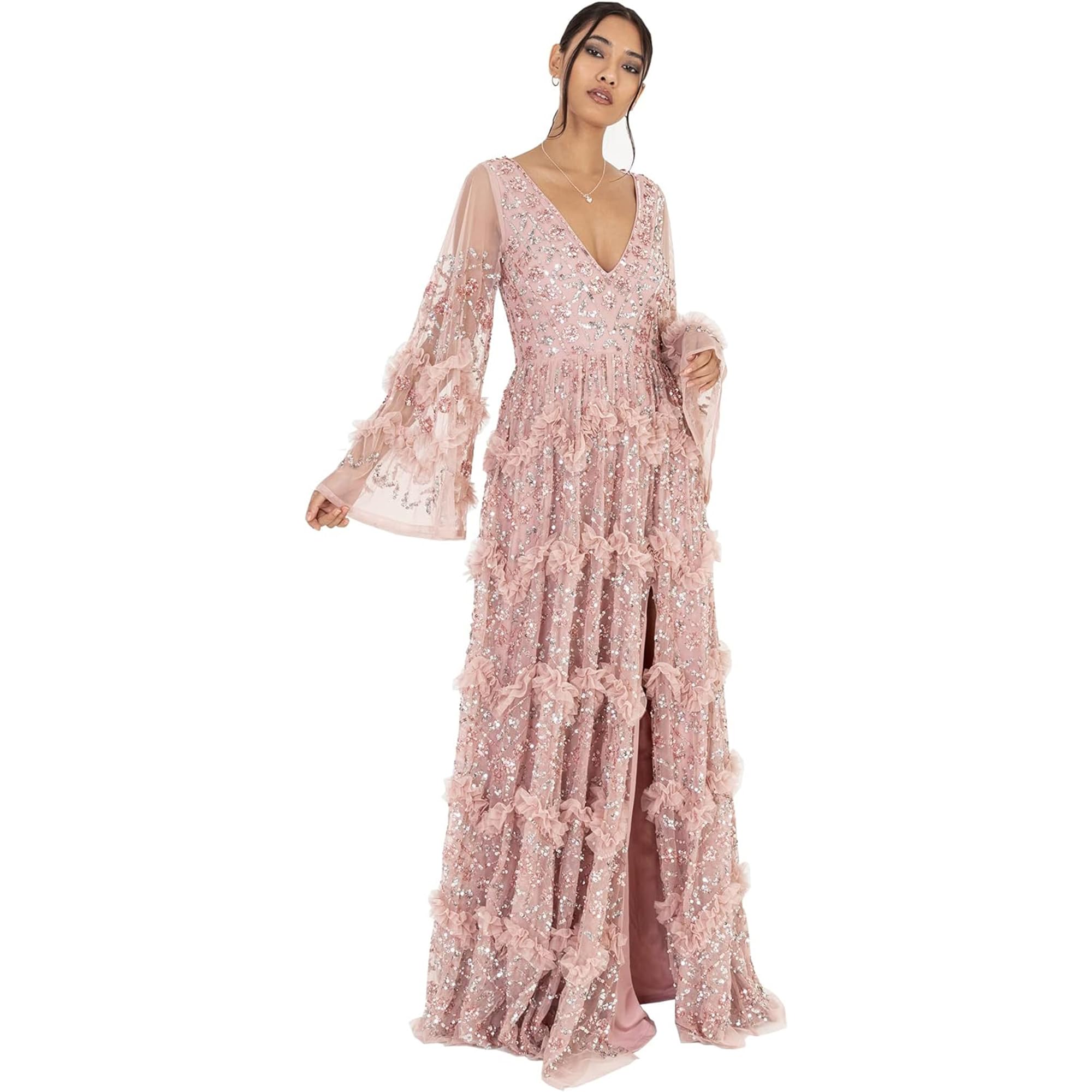 Maya Deluxe Women's Ladies Womens Maxi Dress V Neckline Sequin With Ruffle Empire Waist Slit Split for Prom Ball Bridesmaid Wedding Guest Dress 38 Frosted Pink